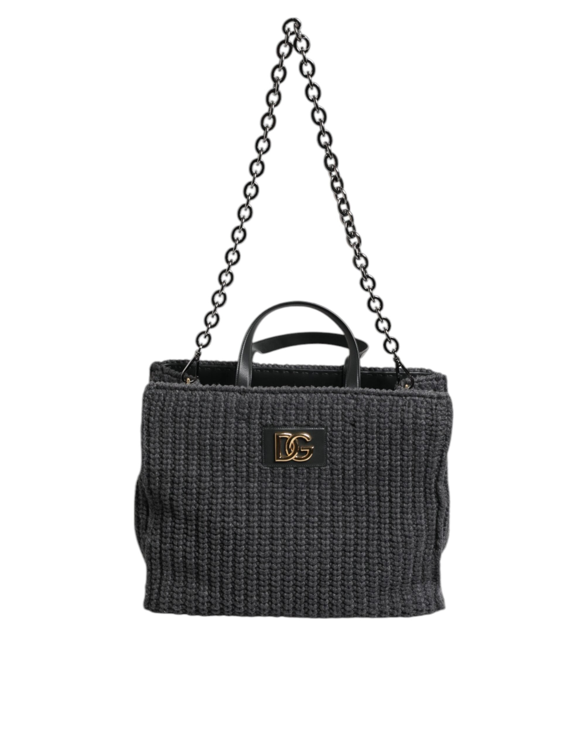 Dolce & Gabbana Black Large Knitted Crochet Shoulder Shopper DG Logo Women's Bag