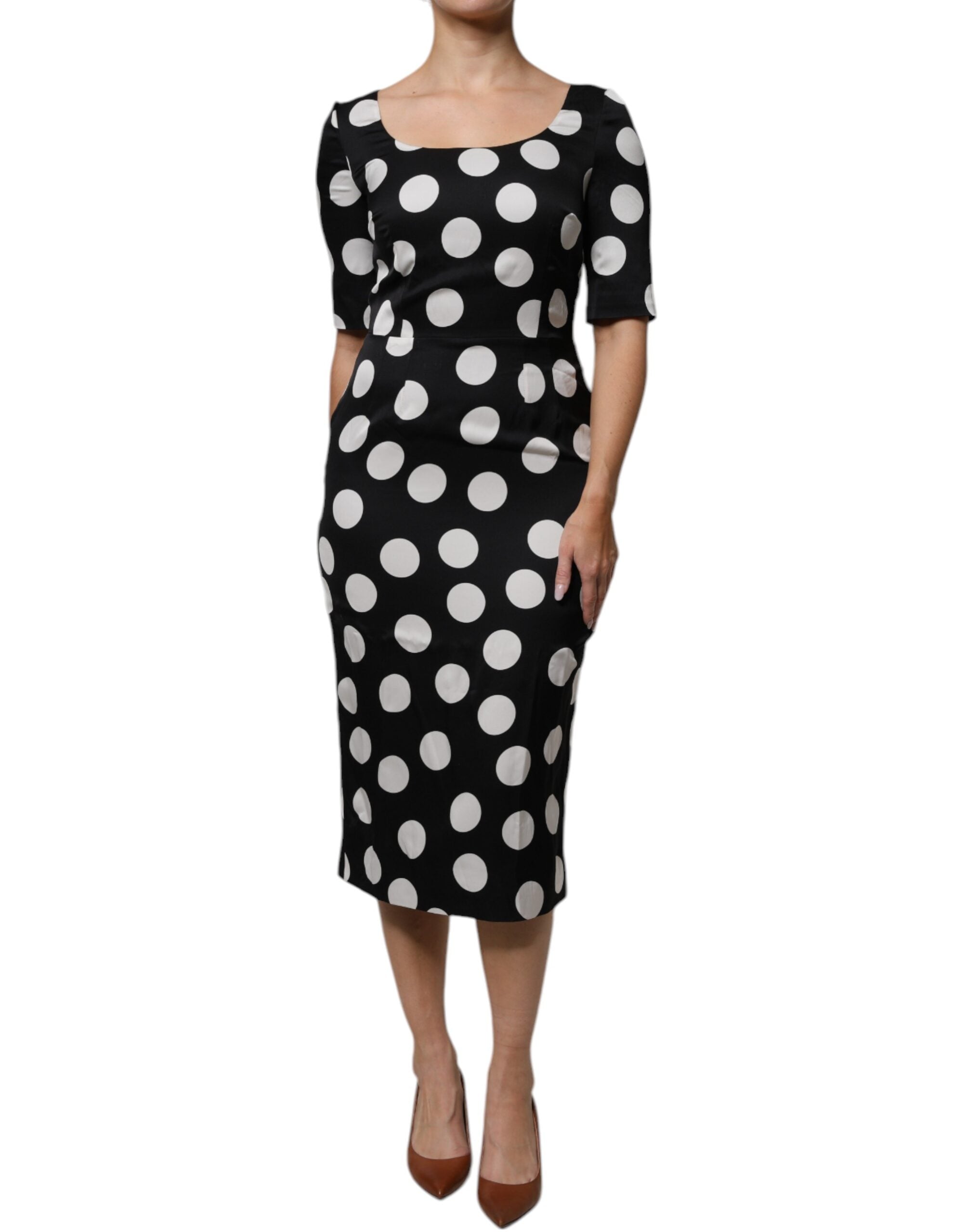 Dolce & Gabbana Black White Silk Polka Dots Sheath Midi Women's Dress (Pre-Owned)