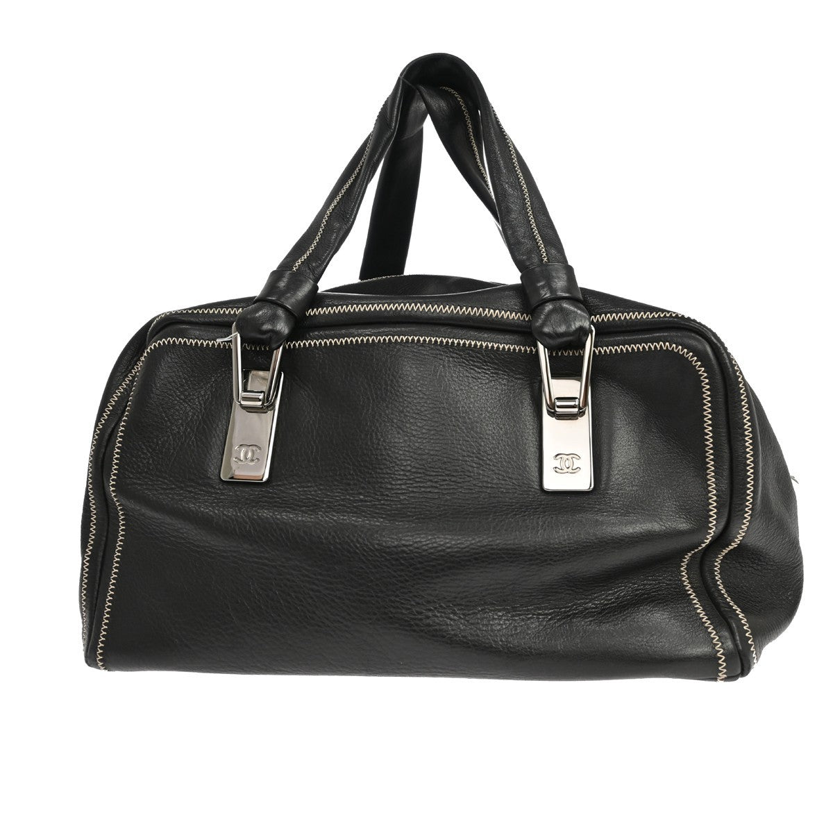 Chanel Vintage Bowler Lambskin Black Leather Handbag (Pre-Owned)