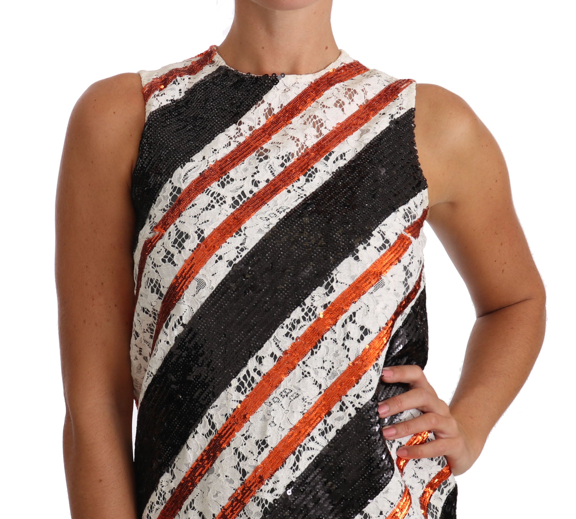 Dolce & Gabbana White and orangeSequin Floral Lace Embellished Shift Women's dress
