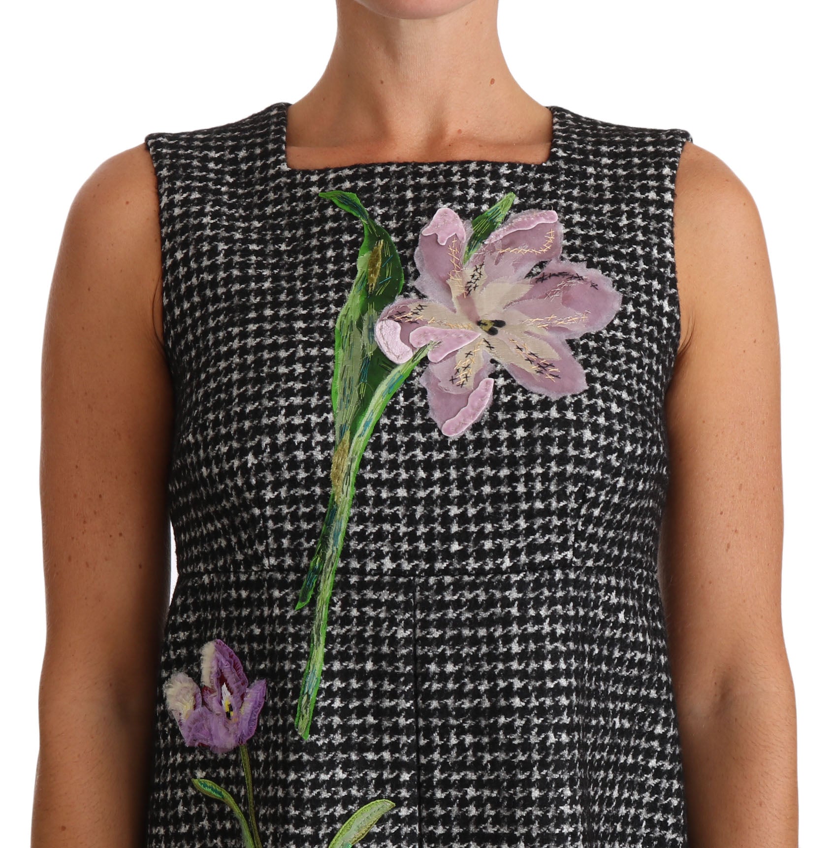 Dolce & Gabbana Gray Houndstooth Floral Appliqué Shift Mini Women's Dress