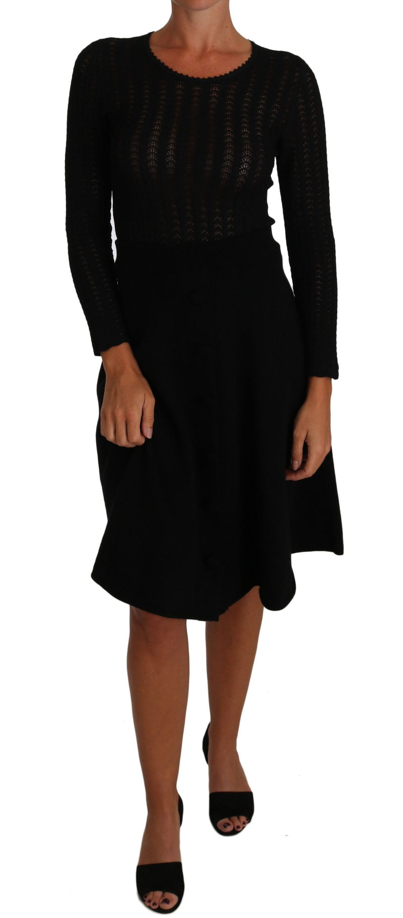 Dolce & Gabbana Black Knitted Wool Sheath Long Sleeves Women's Dress