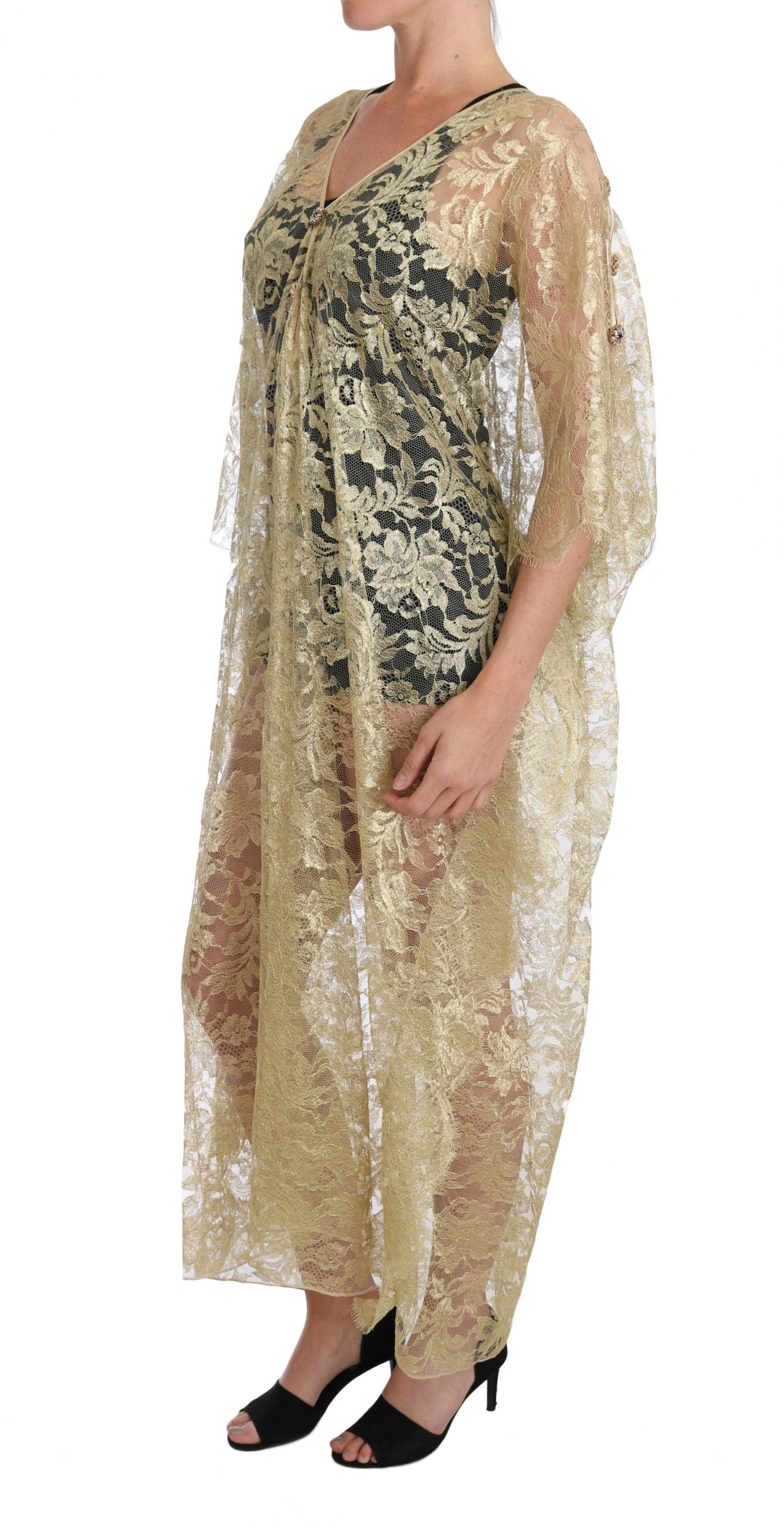 Dolce & Gabbana Gold Floral Lace Crystal Gown Cape Women's Dress