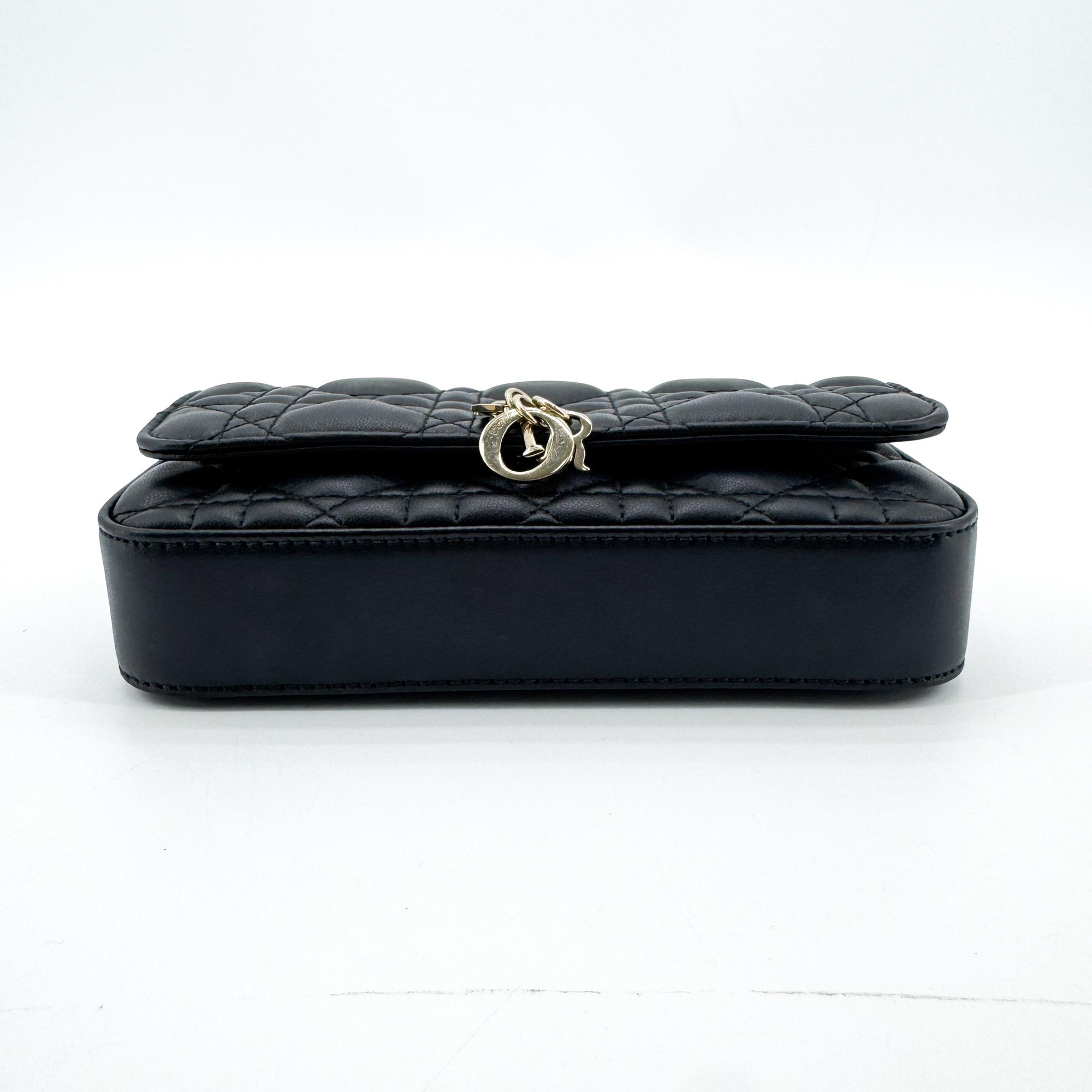 Christian Dior Lady Dior Chain Phone Cannage Quilt Lambskin Black Leather Clutche & Pouche Bag (Pre-Owned)