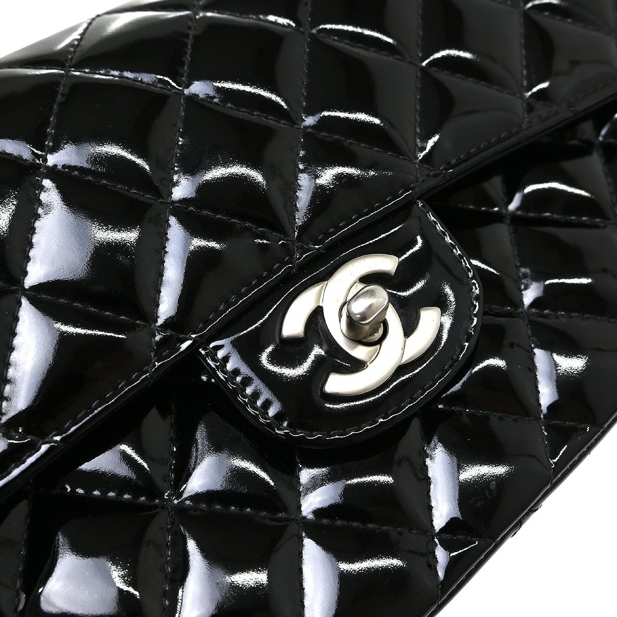 Chanel Timeless - Classic Double Flap Quilted Crinkled Patent Black Patent_Leather Shoulder Bag Bag (Pre-Owned)
