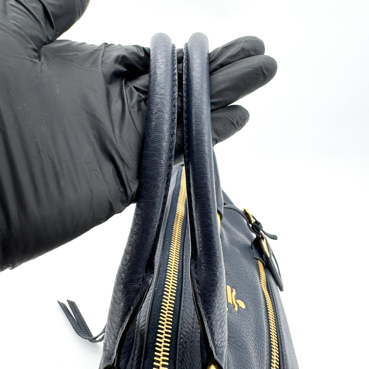 Prada Front Zip Convertible Satchel Vitello Phenix Navy Leather Handbag (Pre-Owned)