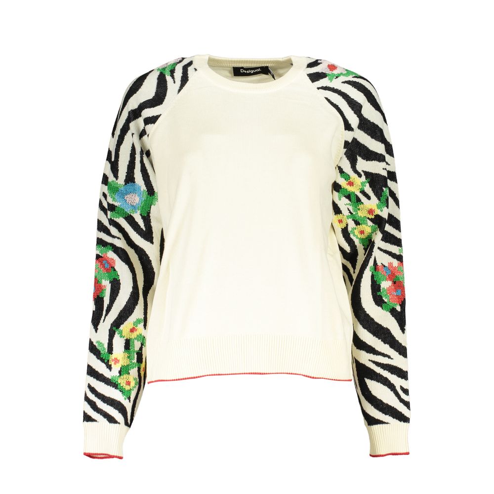 Desigual Elegant White Crew Neck Sweater with Contrast Women's Details