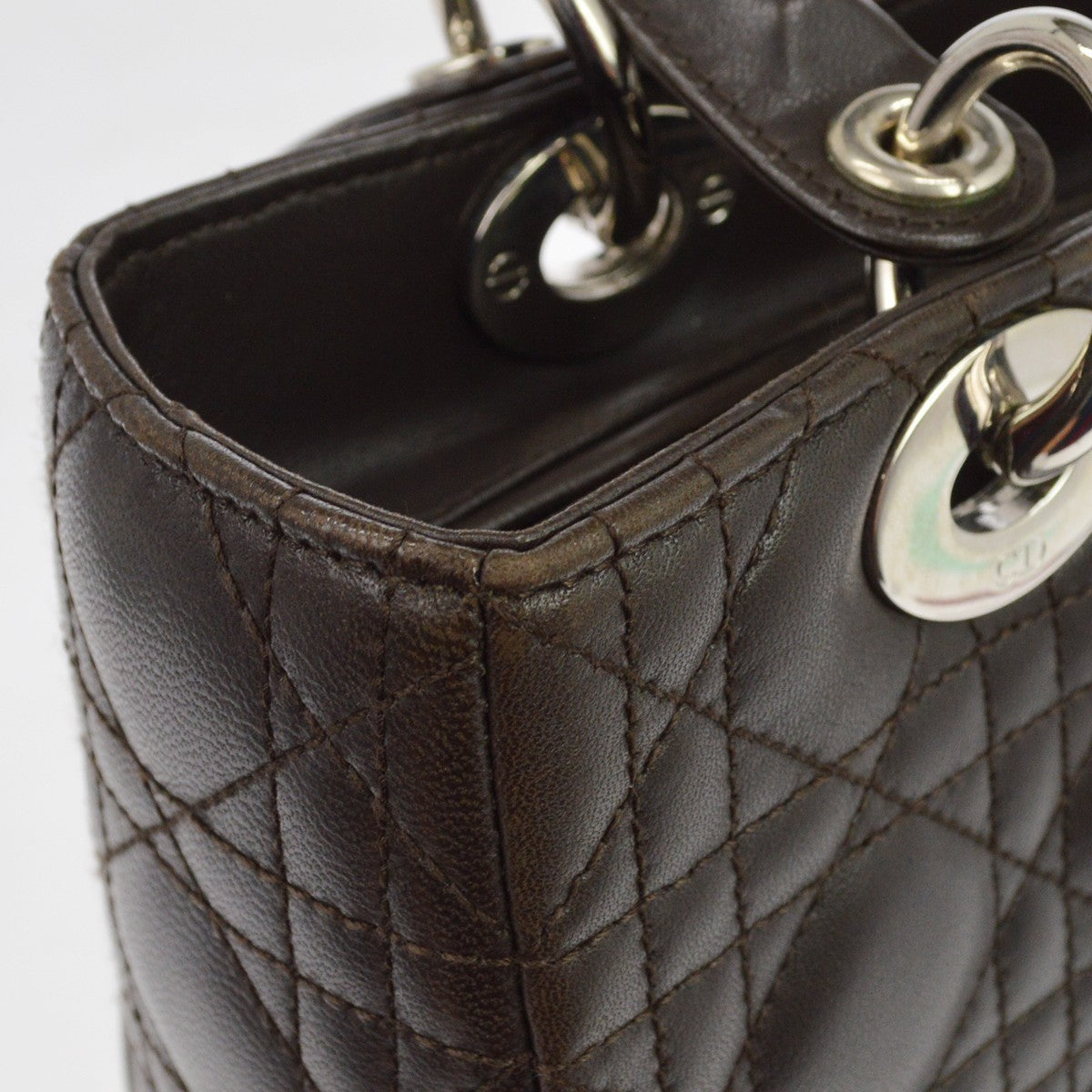 Christian Dior Lady Dior Cannage Quilt Lambskin Brown Leather Handbag (Pre-Owned)