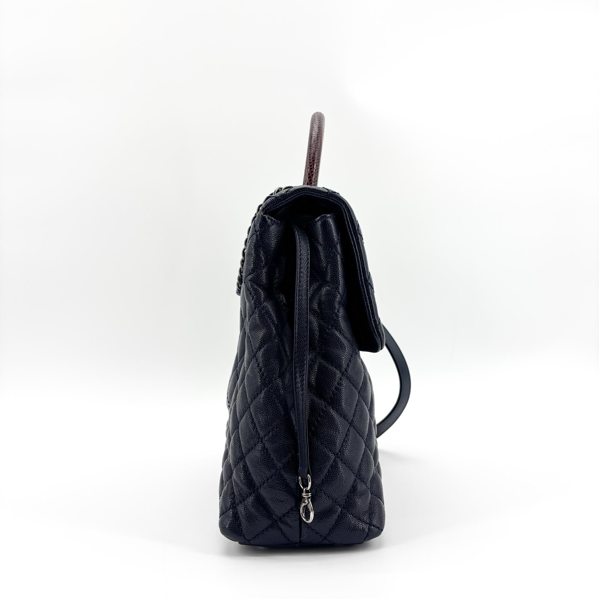 Chanel Coco Top Handle Quilted Caviar With Lizard Navy Leather Handbag (Pre-Owned)