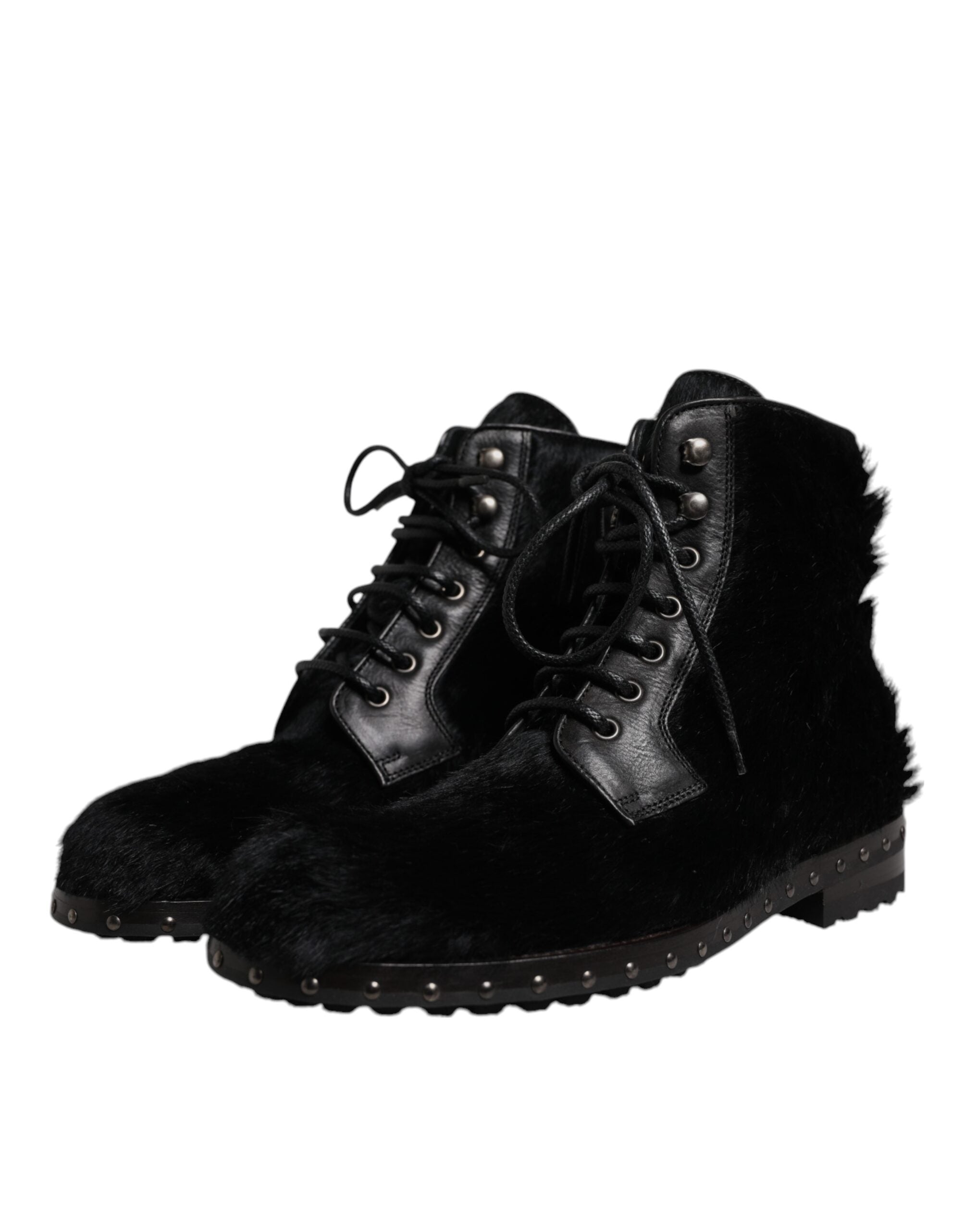 Dolce & Gabbana Black Pony Style Leather Mid Calf Boots Men's Shoes