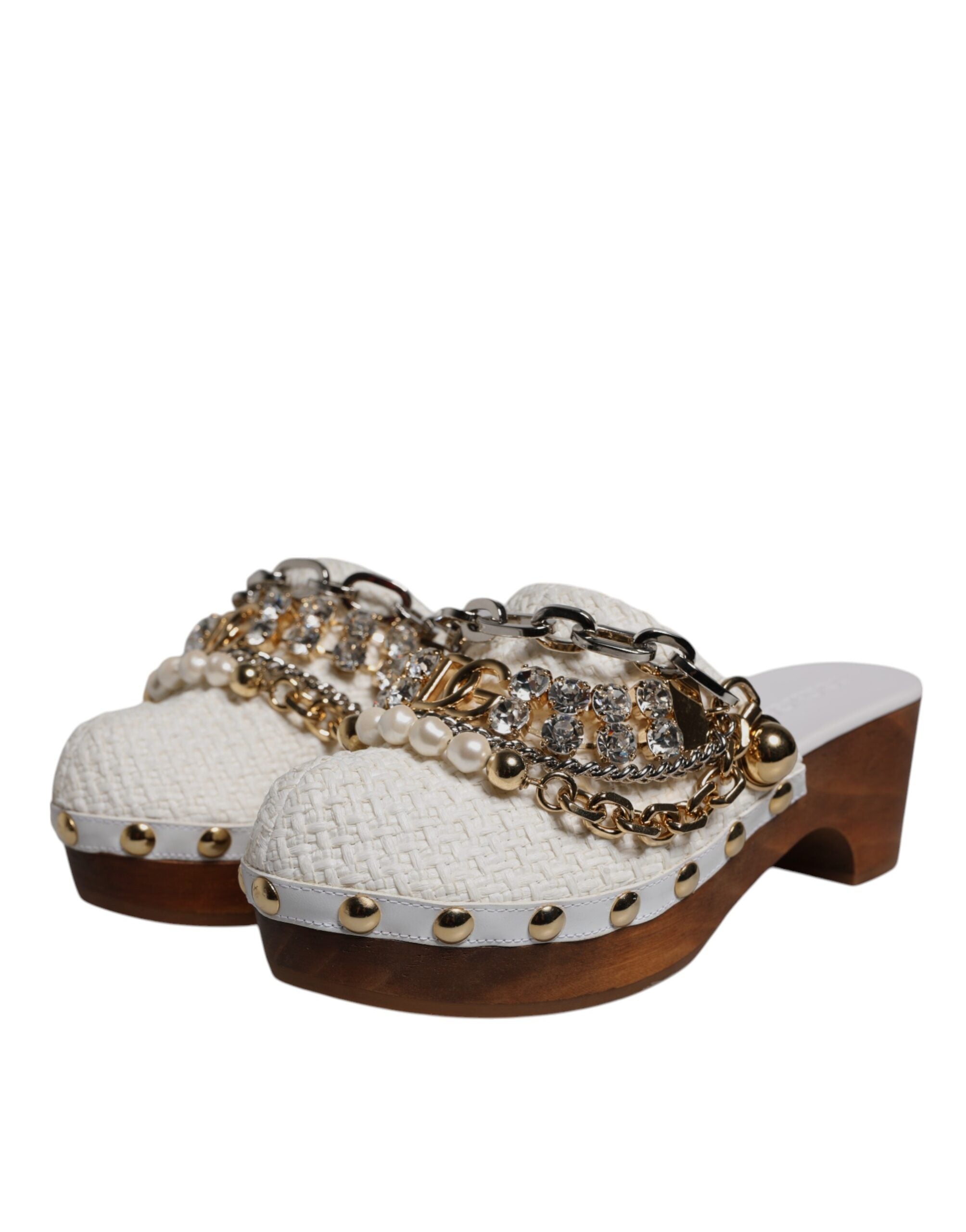 Dolce & Gabbana White Raffia Clogs Bejeweled Chain Sandals Women's Shoes