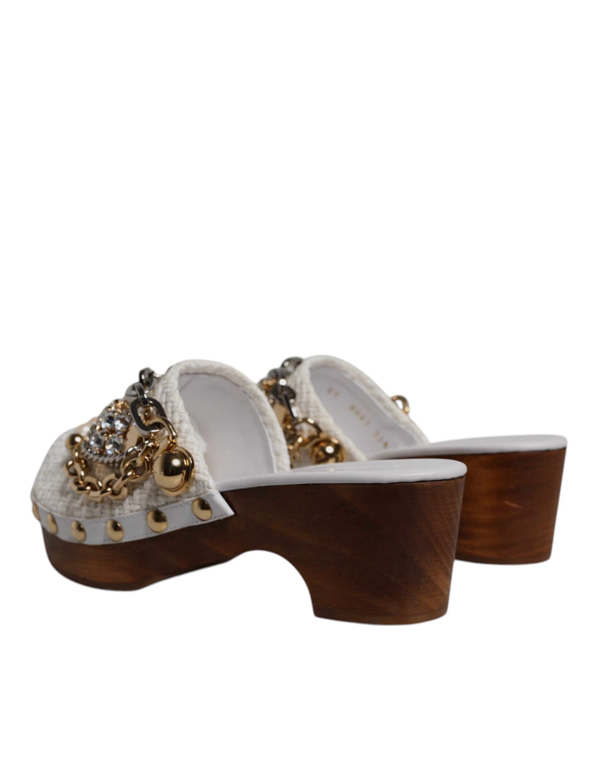 Dolce & Gabbana White Raffia Clogs Bejeweled Chain Sandals Women's Shoes
