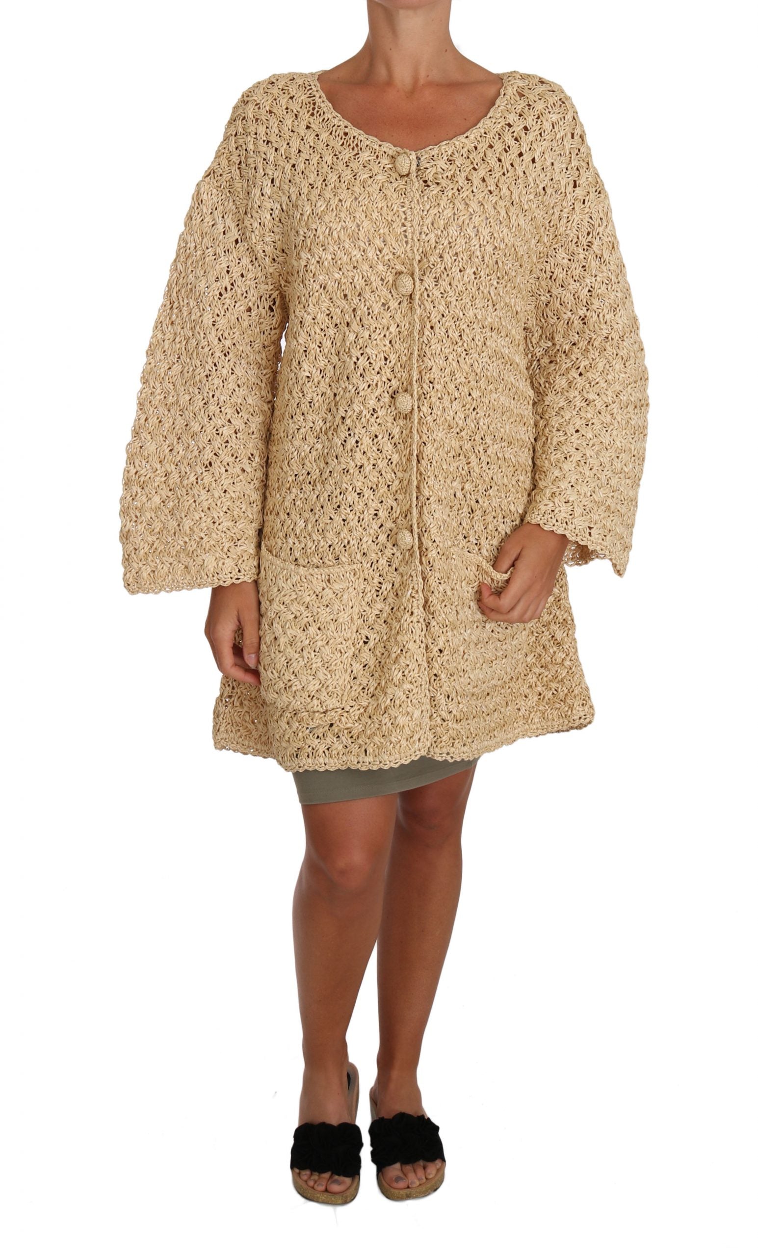 Dolce & Gabbana Beige Cardigan Crochet Knitted Raffia Women's Sweater