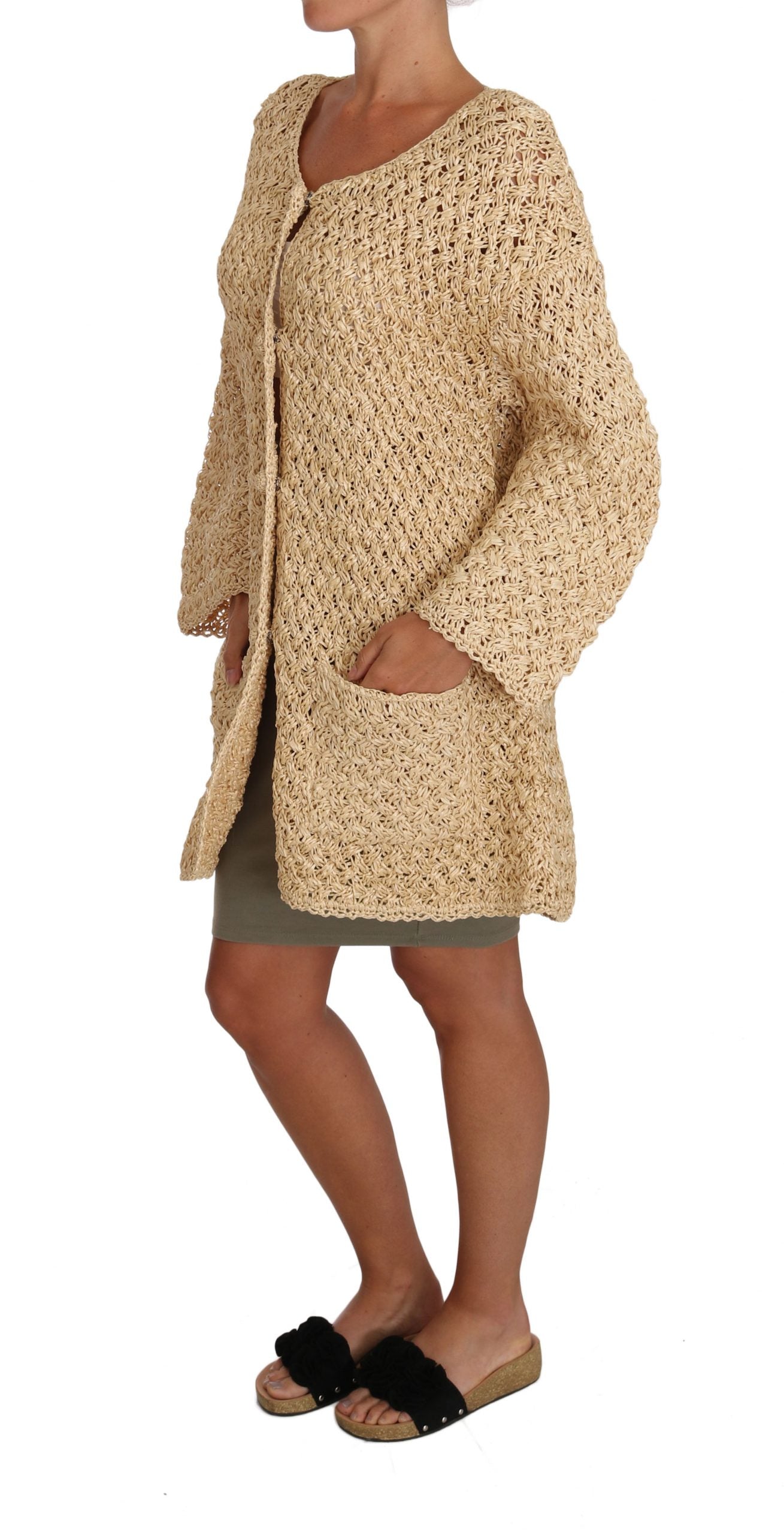 Dolce & Gabbana Beige Cardigan Crochet Knitted Raffia Women's Sweater
