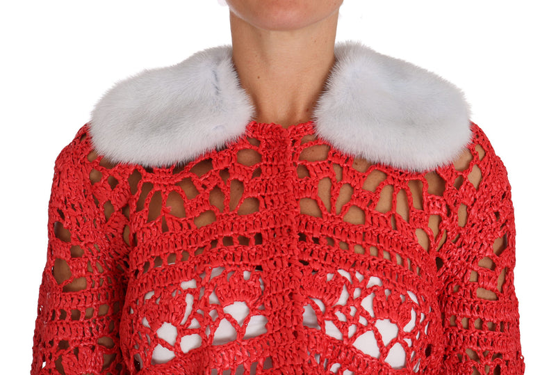 Dolce & Gabbana Red Cardigan Crochet Knit Raffia Women's Sweater