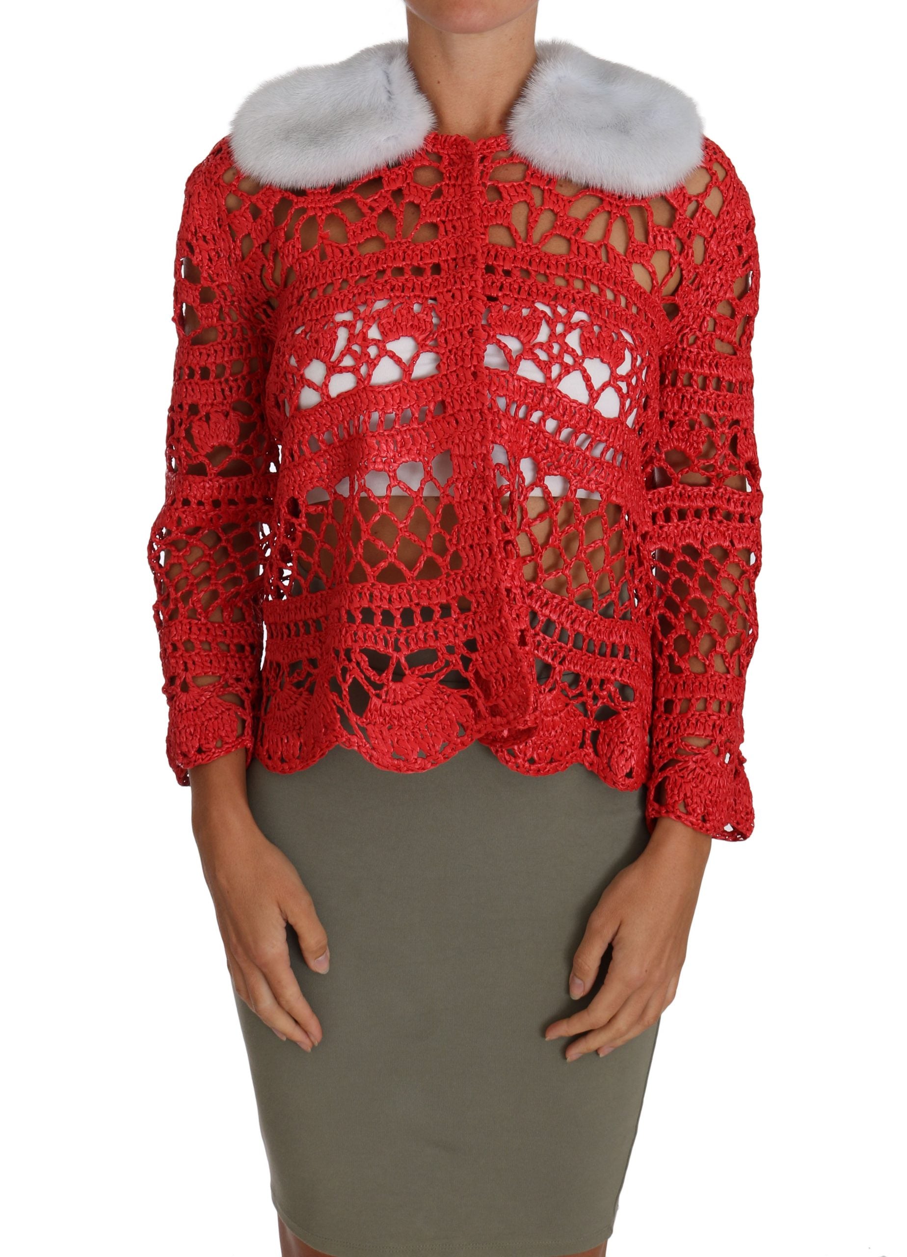 Dolce & Gabbana Elegant Red Crochet Knit Cardigan with Fur Women's Collar