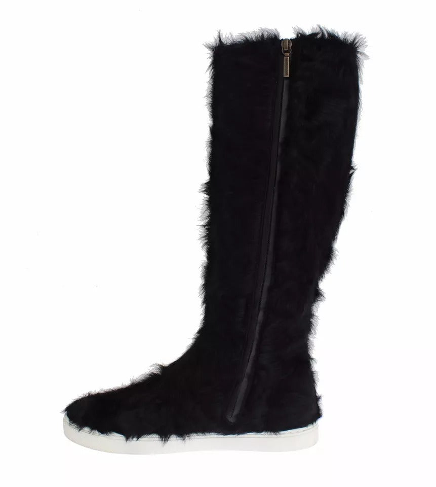 Dolce & Gabbana Black Xiangao Lamb Fur Leather Boots Women's Shoes