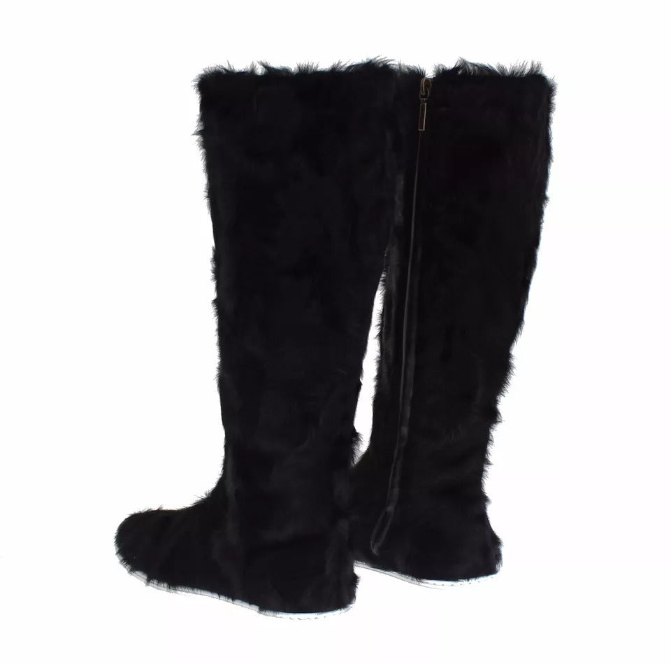 Dolce & Gabbana Black Xiangao Lamb Fur Leather Boots Women's Shoes