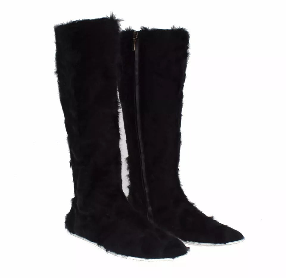 Dolce & Gabbana Black Xiangao Lamb Fur Leather Boots Women's Shoes