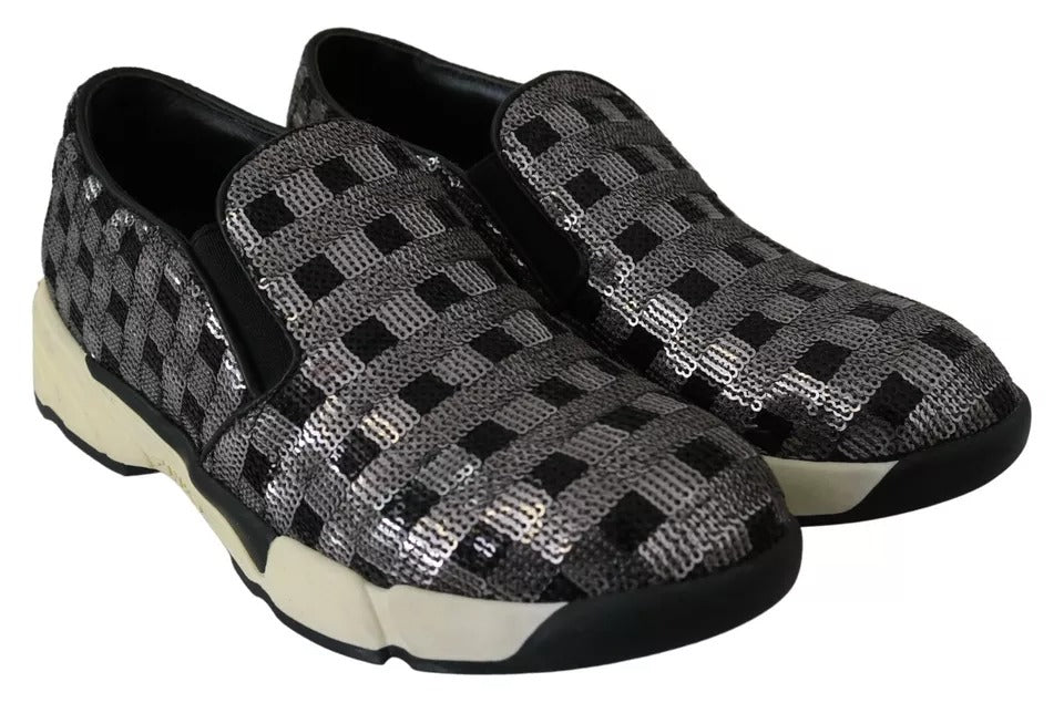 PINKO Silver Black Slip-on Sequence Design Sneakers Women's Shoes