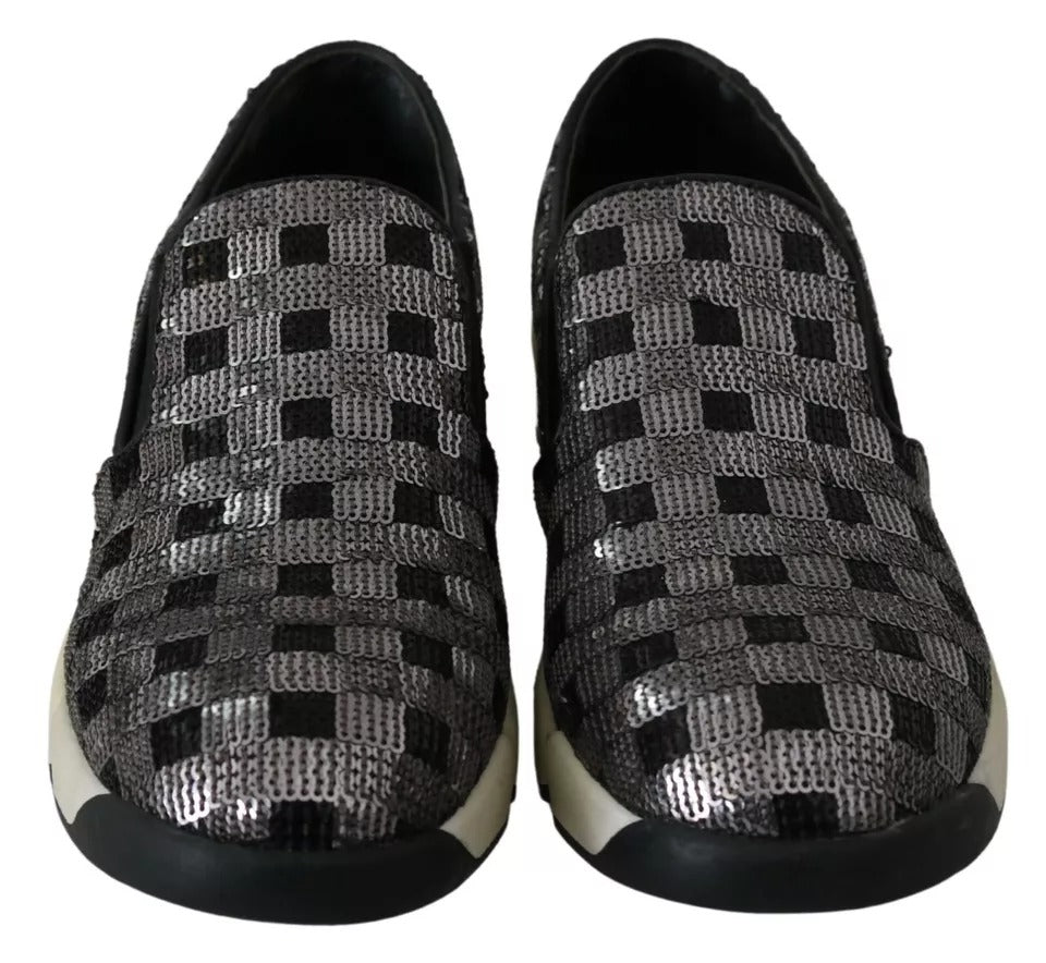 PINKO Silver Black Slip-on Sequence Design Sneakers Women's Shoes