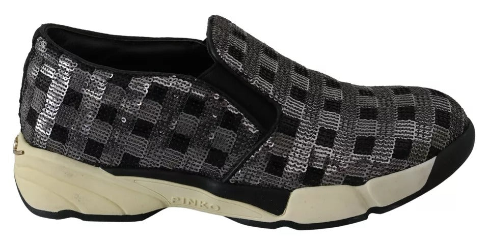 PINKO Silver Black Slip-on Sequence Design Sneakers Women's Shoes