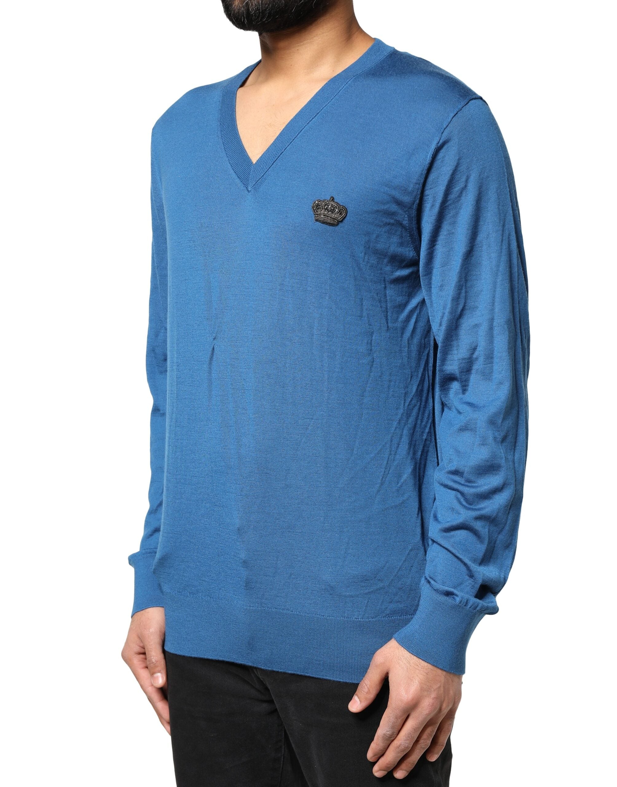 Dolce & Gabbana Blue Cashmere Crown V-neck Pullover Men's Sweater (Pre-Owned)