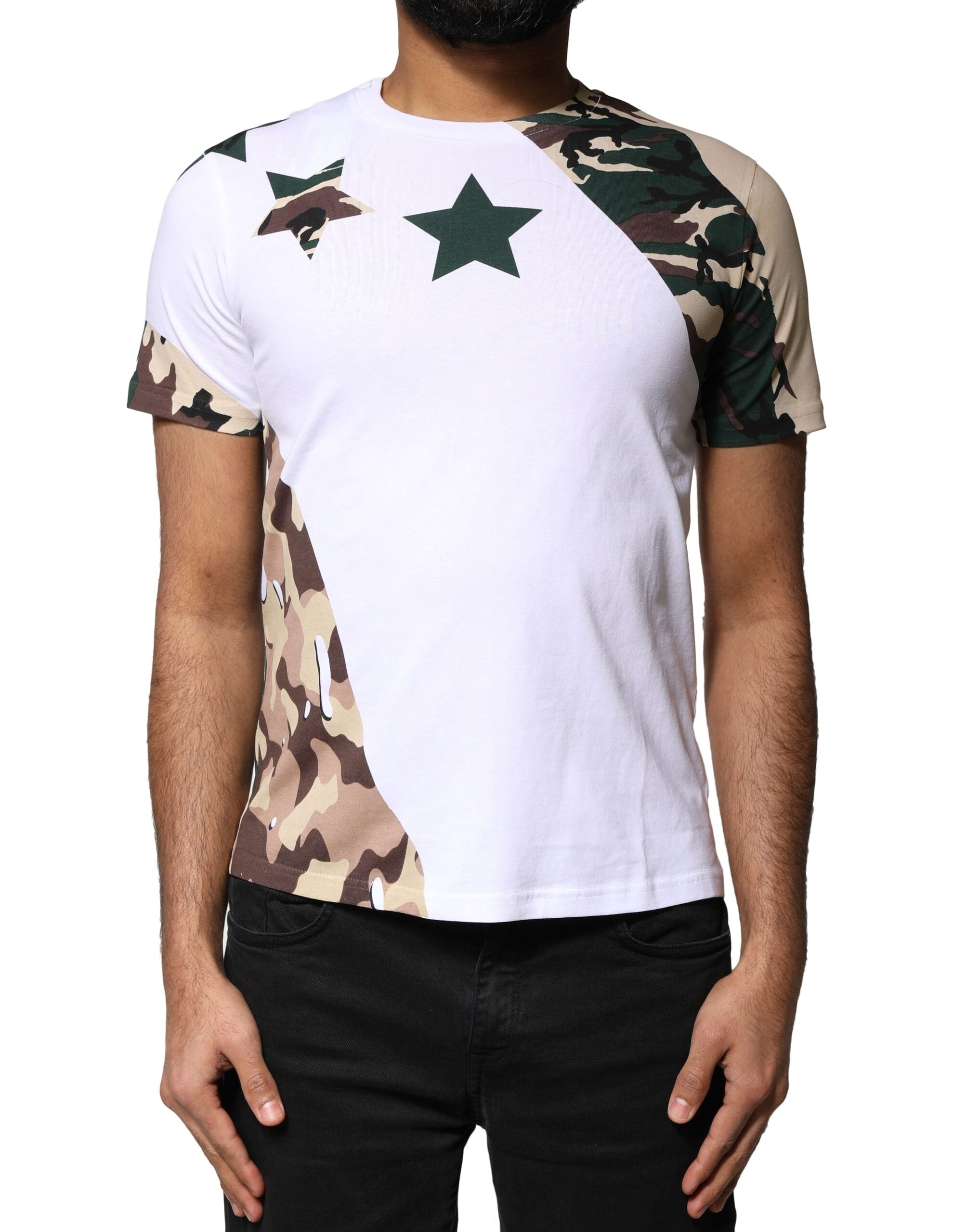 Dolce & Gabbana White Camouflage Stars Crew Neck Men's T-shirt (Pre-Owned)