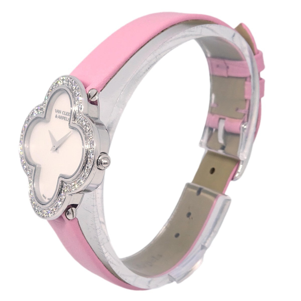 Van Cleef & Arpels Alhambra Quartz White Gold And Satin With Diamond Bezel And Mother Of Pearl Watch (Pre-Owned)