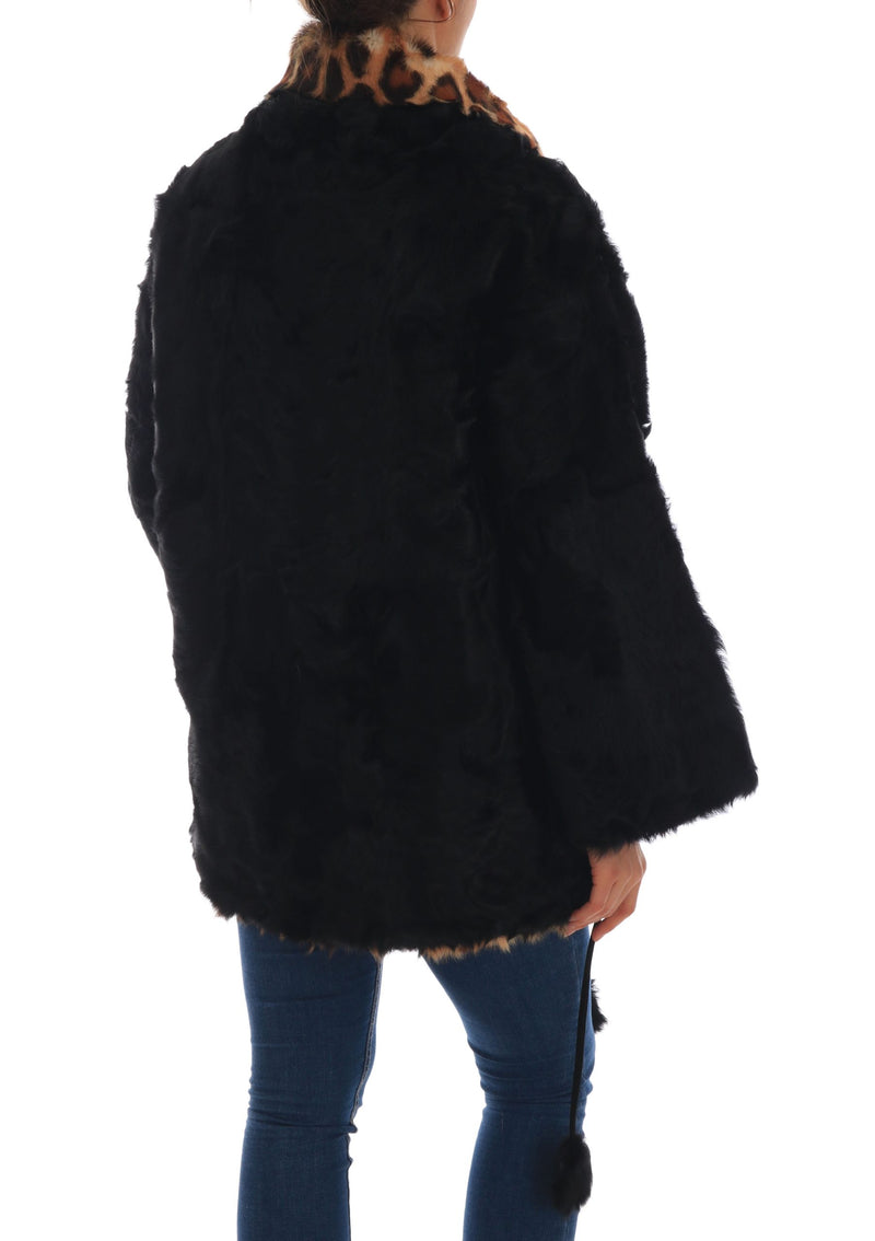 Dolce & Gabbana Black Lamb Leopard Print Fur Coat Women's Jacket