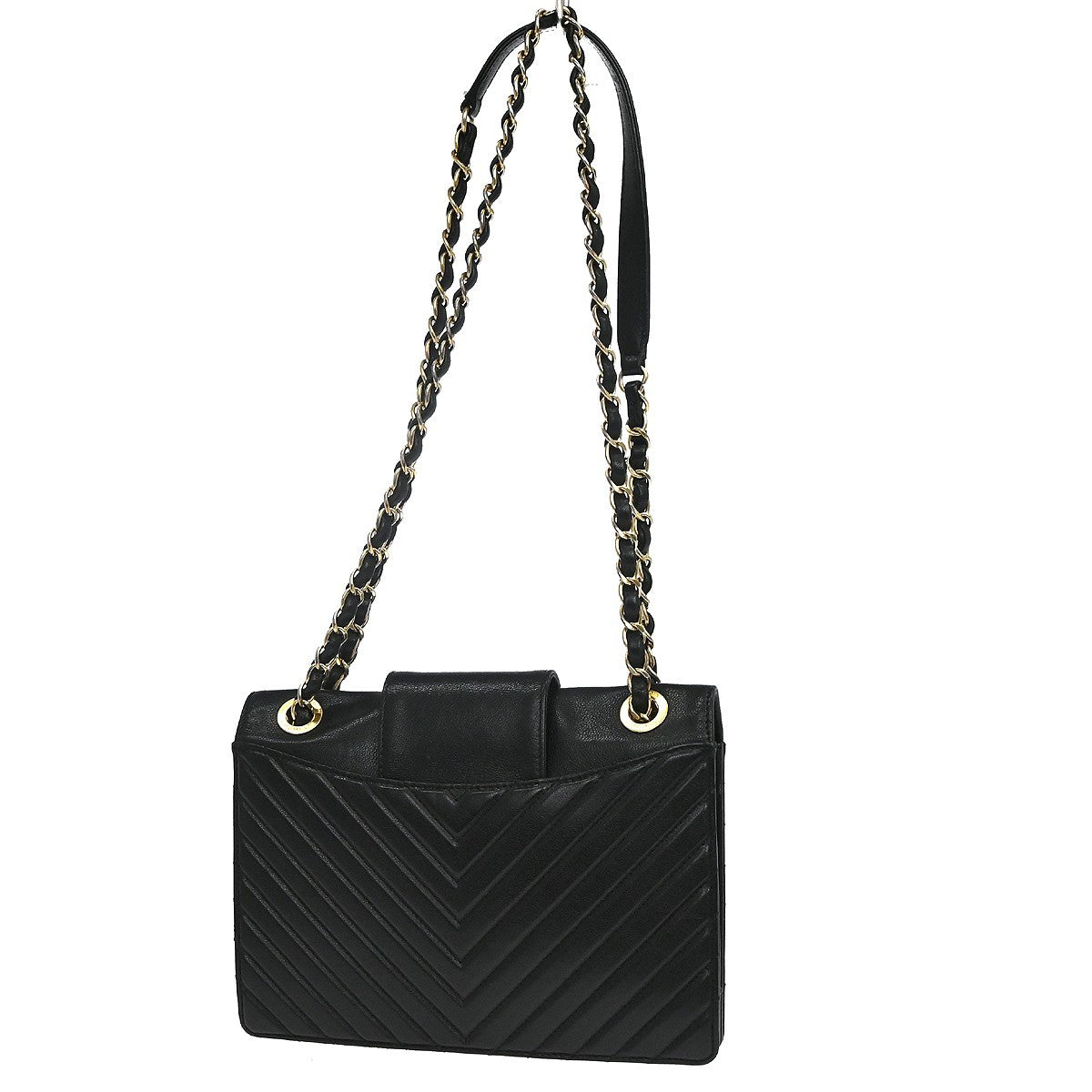 Chanel Collar And Tie Flap Chevron Sheepskin Black Leather Shoulder Bag Bag (Pre-Owned)