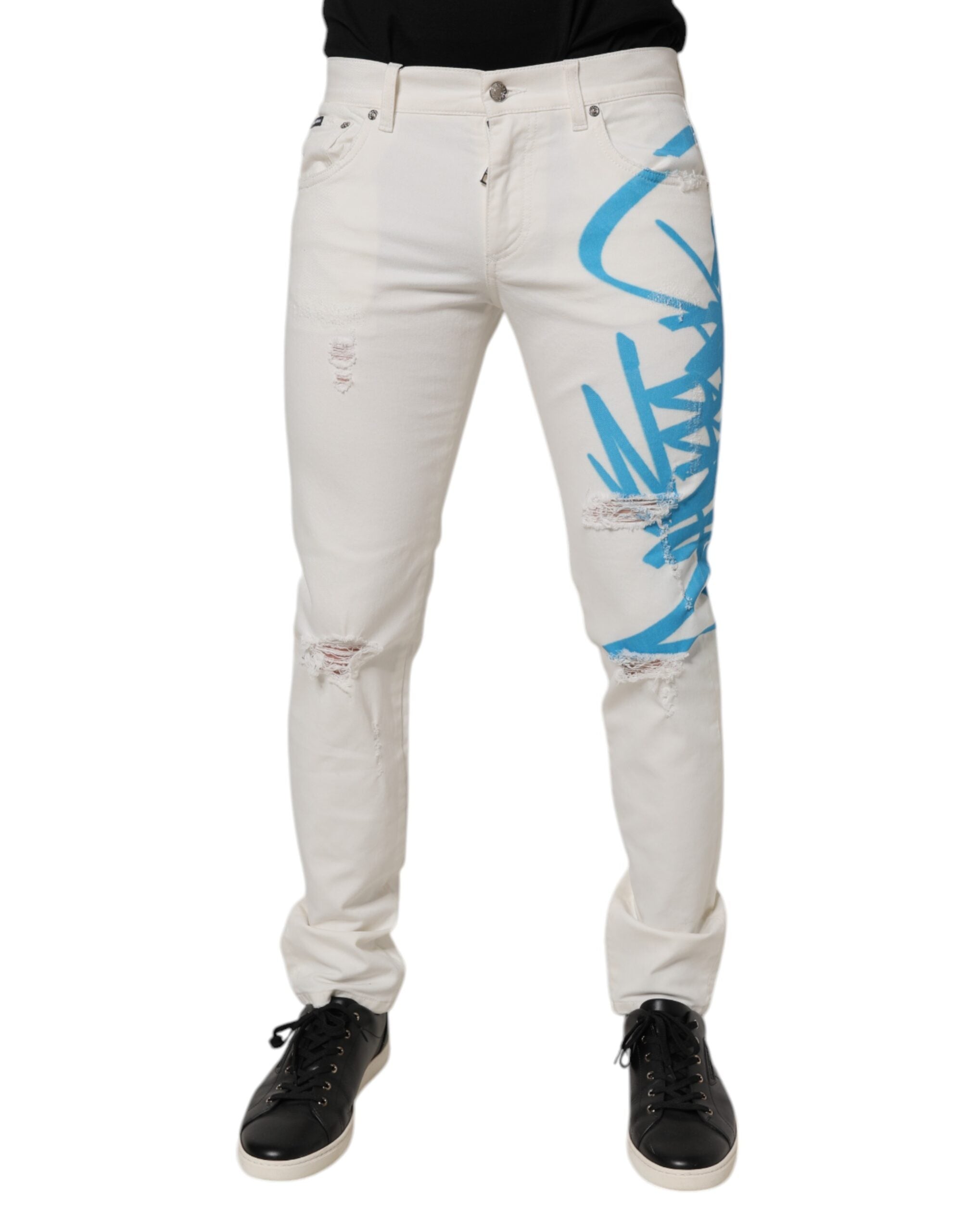 Dolce & Gabbana White Tattered Graffiti Skinny Denim Men's Jeans (Pre-Owned)
