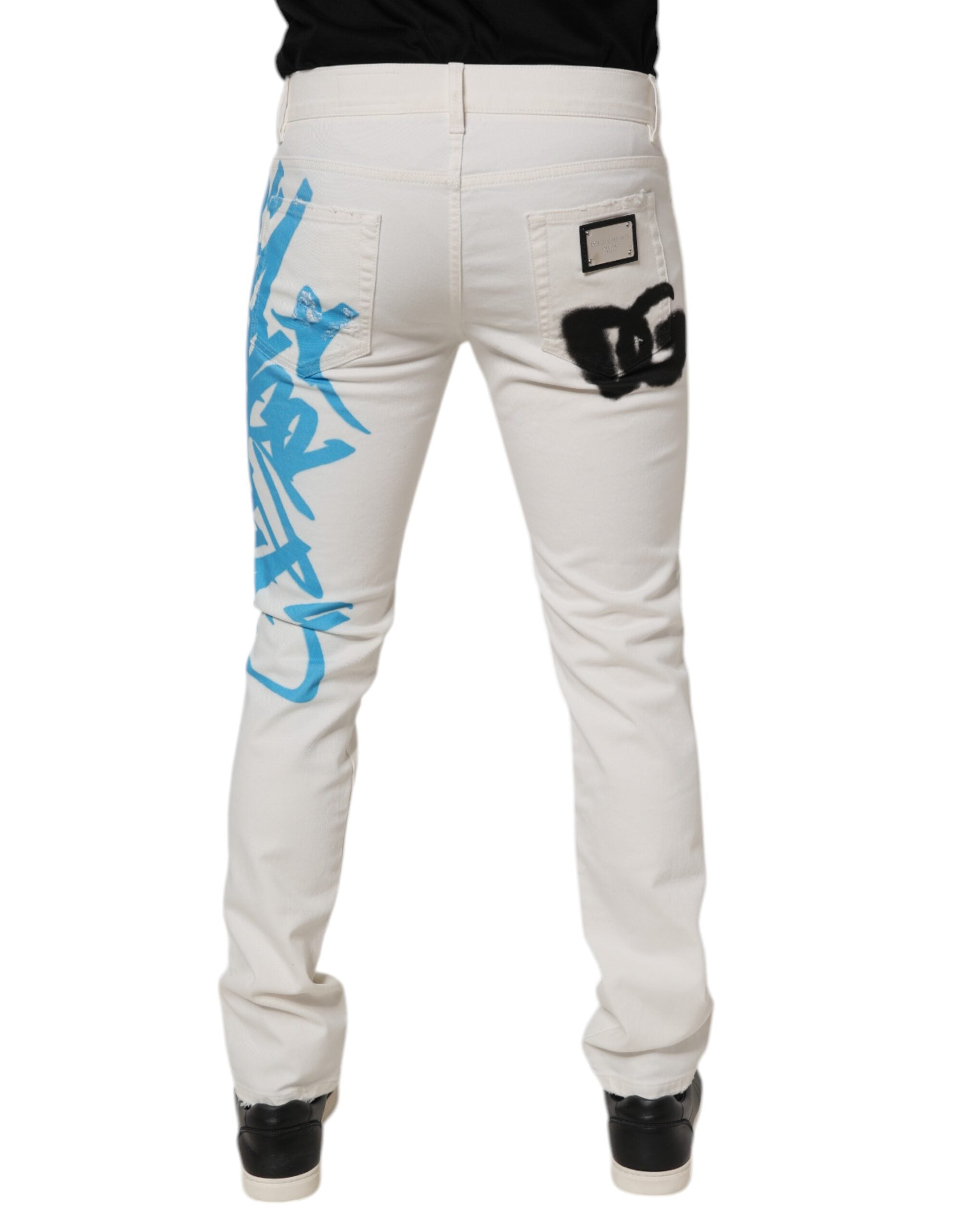 Dolce & Gabbana White Tattered Graffiti Skinny Denim Men's Jeans (Pre-Owned)