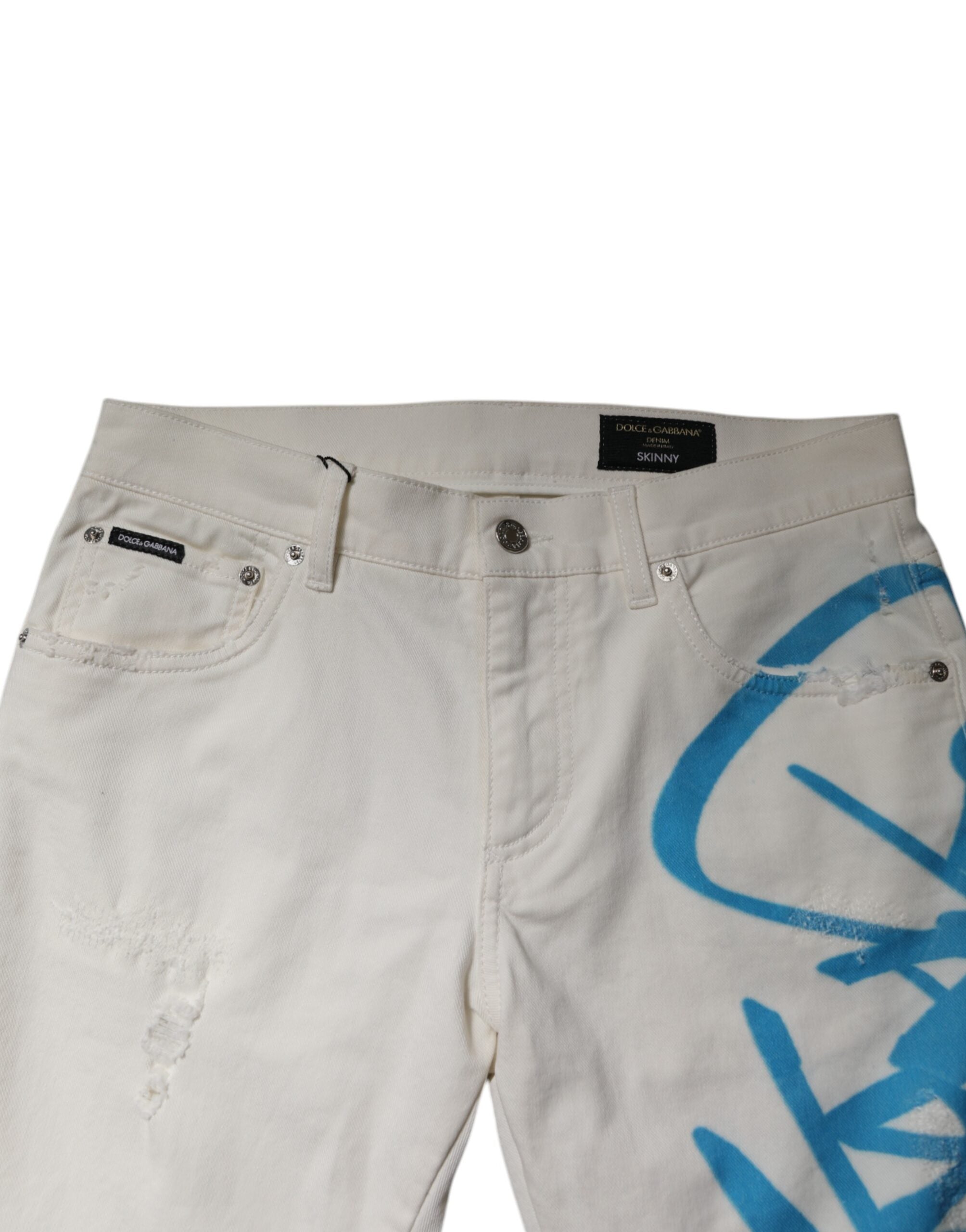 Dolce & Gabbana White Tattered Graffiti Skinny Denim Men's Jeans (Pre-Owned)