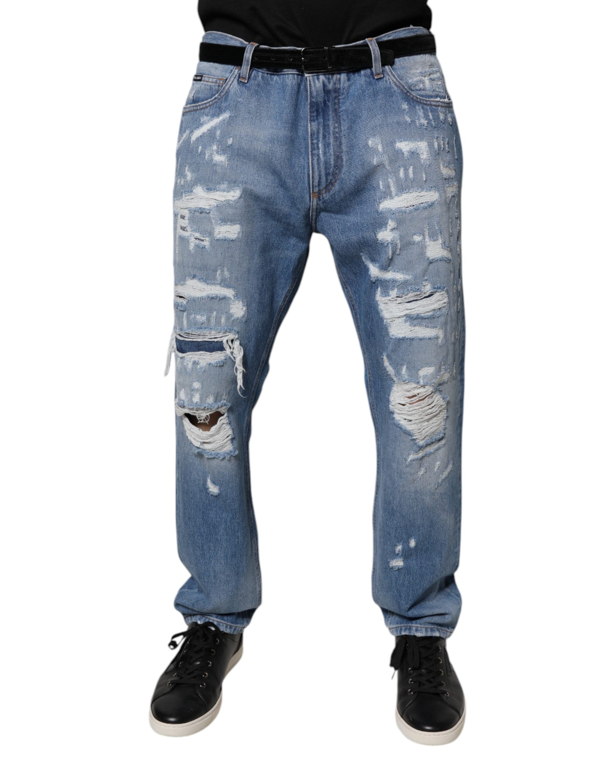 Dolce & Gabbana Blue Tattered Straight Cotton Denim Men's Jeans