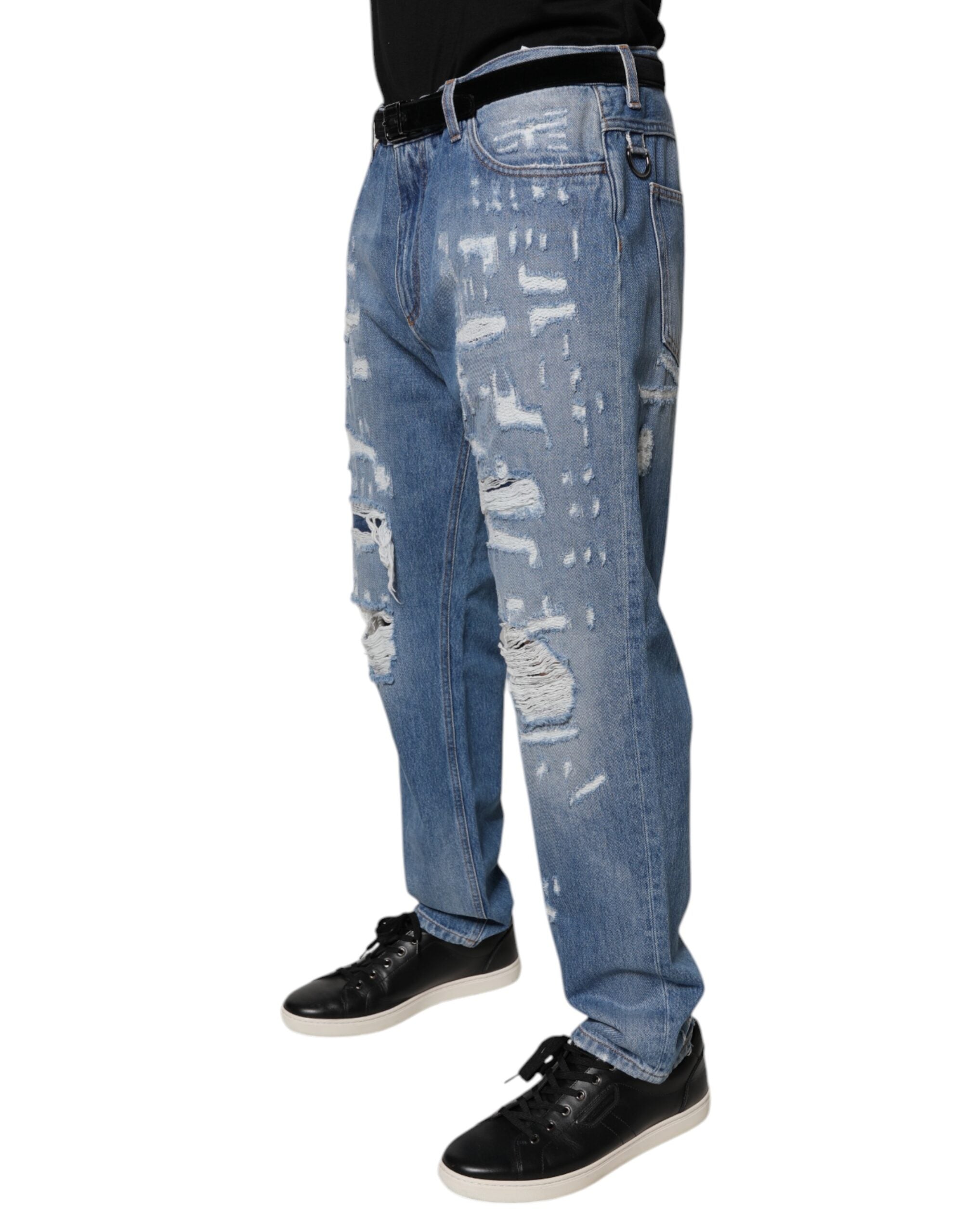 Dolce & Gabbana Blue Tattered Straight Cotton Denim Men's Jeans