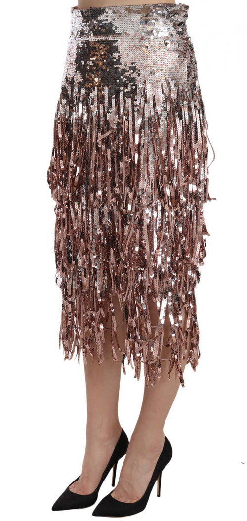 Dolce & Gabbana Metallic Sequin Tulle High-Waist Midi Women's Skirt