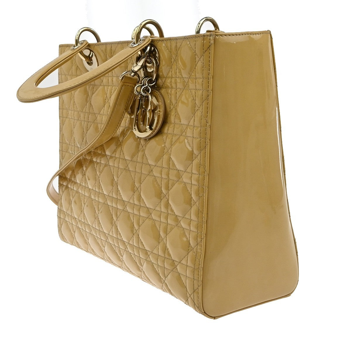 Christian Dior Lady Dior Cannage Quilt Patent Yellow Patent_Leather Handbag (Pre-Owned)
