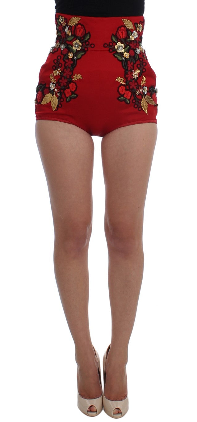 Dolce & Gabbana Red Silk Pearls Roses Women's Shorts