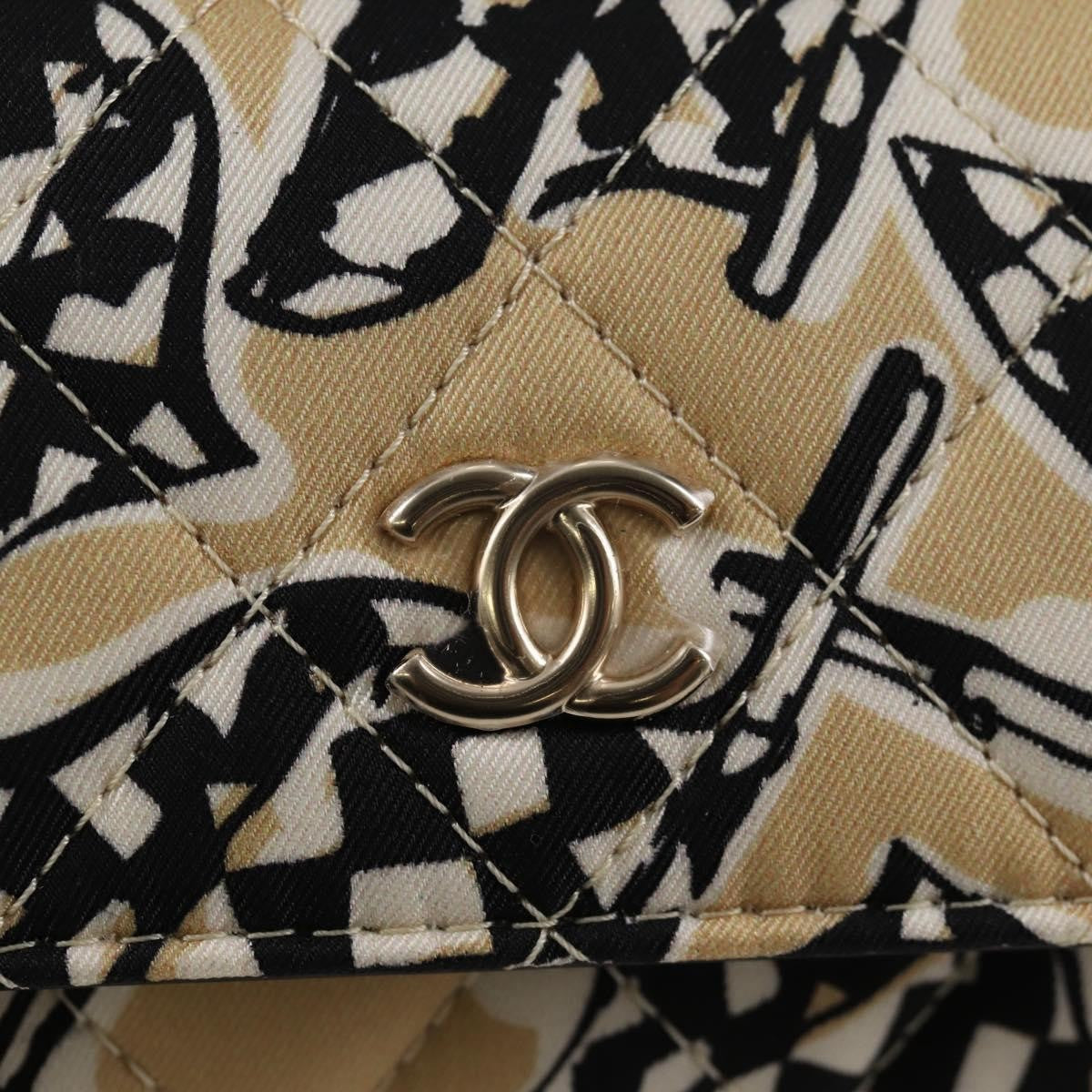 Chanel Flap Card Holder On Chain Quilted Printed Canvas Beige Nylon Shoulder Bag Bag (Pre-Owned)