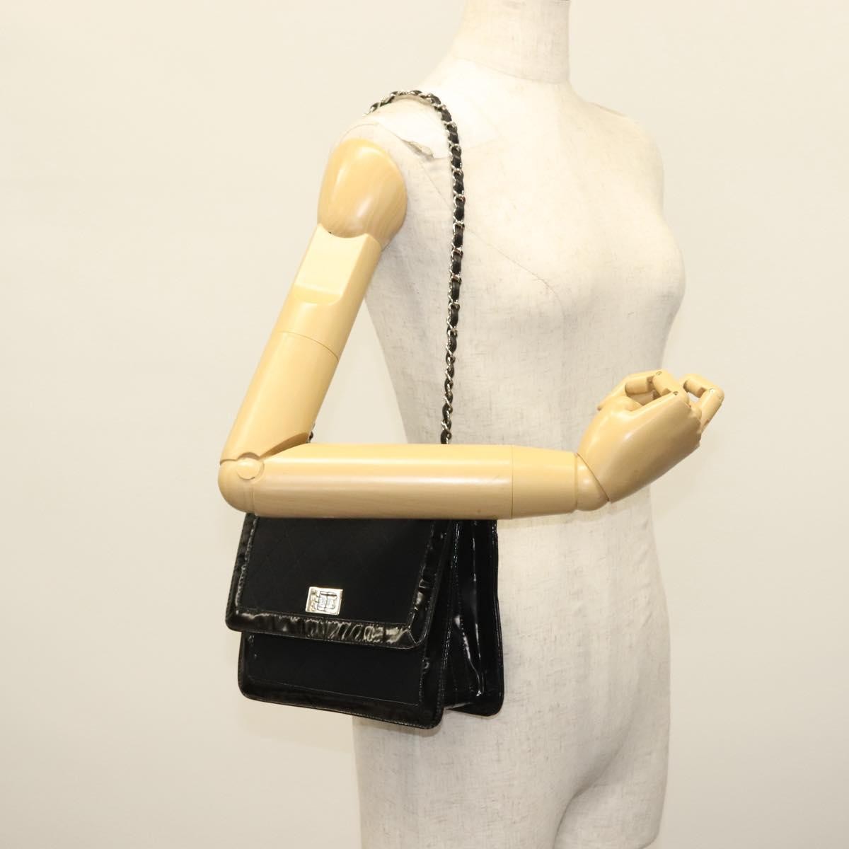 Chanel Vintage Mademoiselle Flap Quilted Canvas With Patent Black Canvas Shoulder Bag Bag (Pre-Owned)