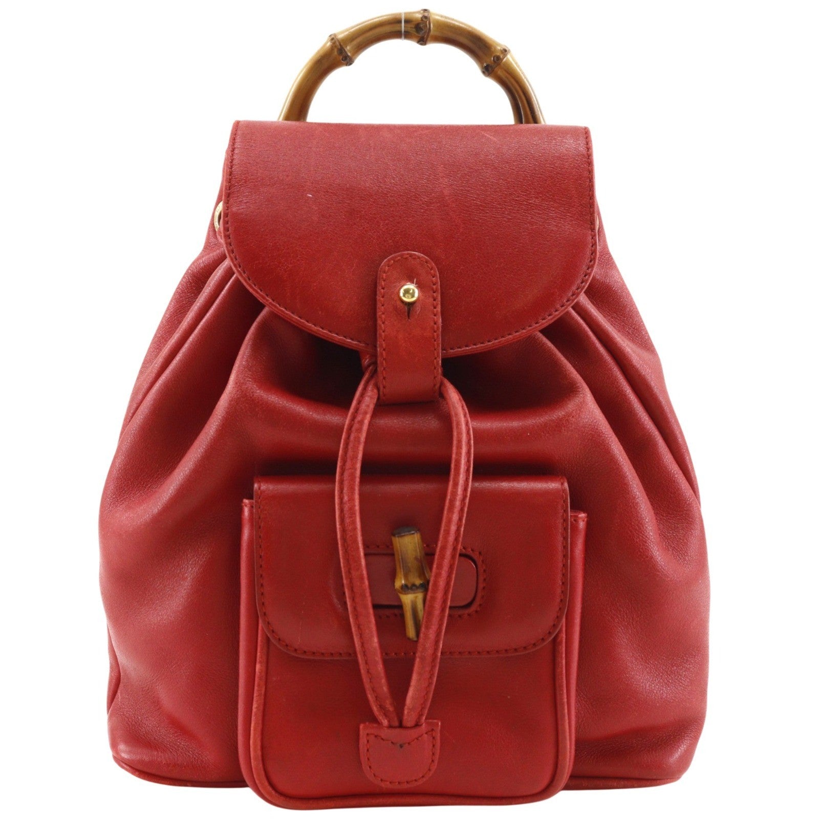 Gucci Vintage Bamboo Leather Red Leather Backpack Bag (Pre-Owned)
