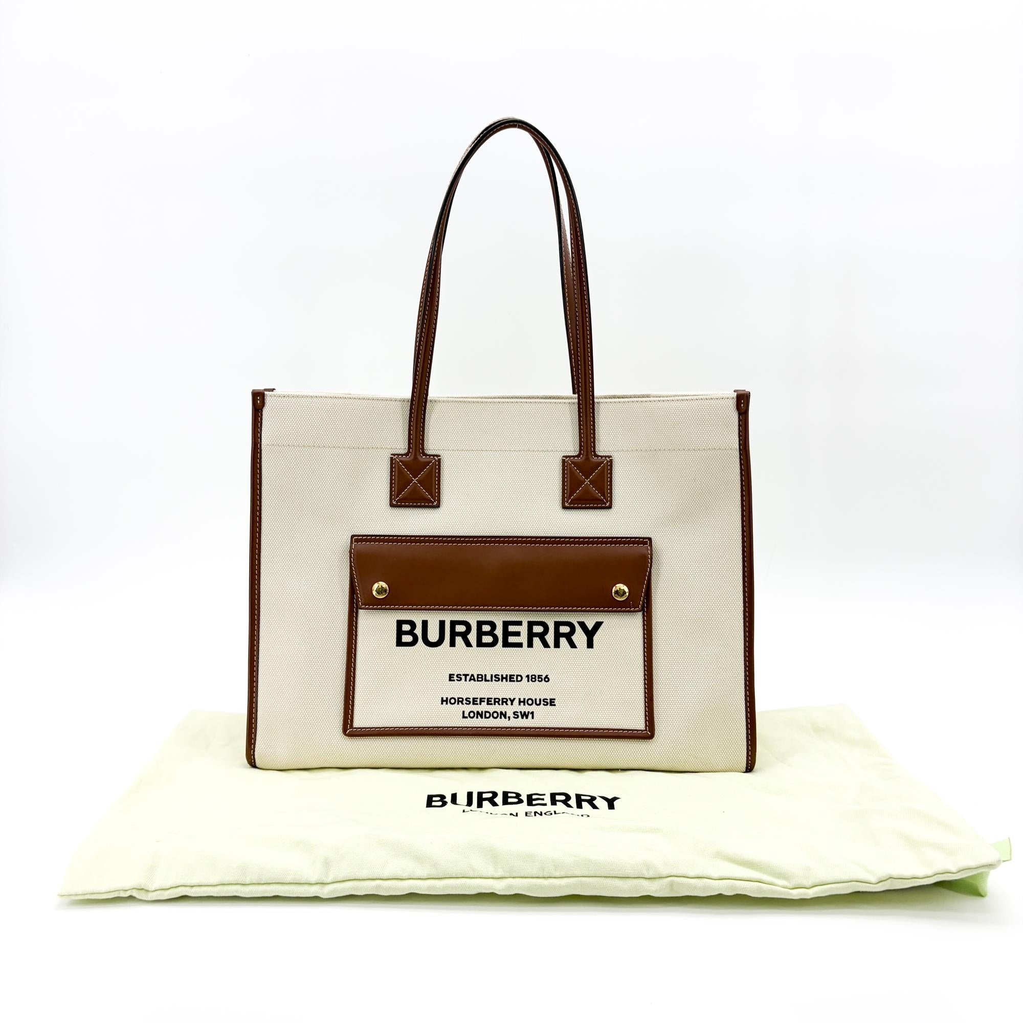 Burberry Freya Shopping Canvas With Leather Beige Canvas Tote Bag Bag (Pre-Owned)