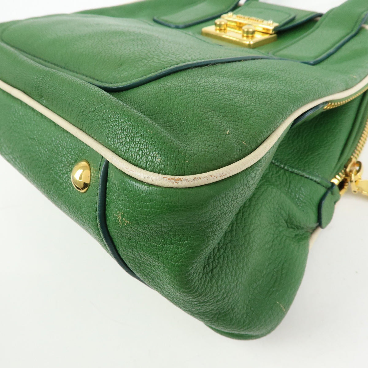 Miu Miu Madras Top Handle Leather Green Leather Handbag (Pre-Owned)