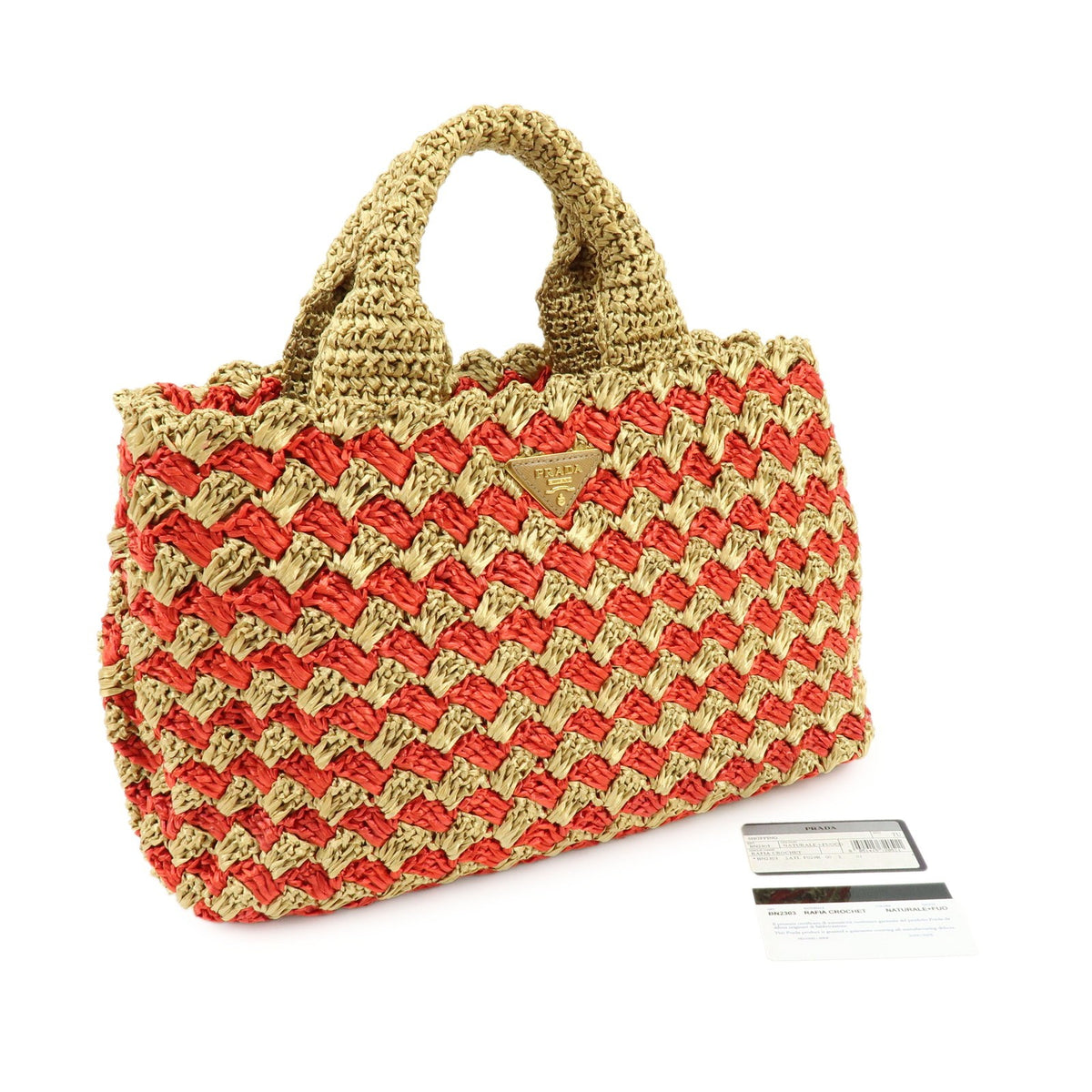 Prada Canapa Raffia Crochet Red Wicker Tote Bag Bag (Pre-Owned)