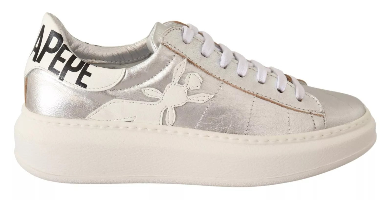 Patrizia Pepe Silver Full Grain Leather Lace Up Sneakers Women's Shoes (Pre-Owned)