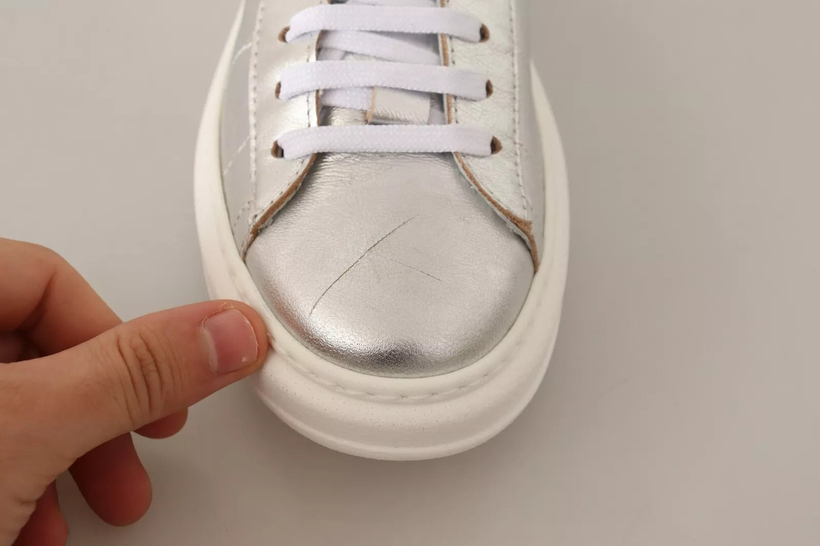 Patrizia Pepe Silver Full Grain Leather Lace Up Sneakers Women's Shoes (Pre-Owned)