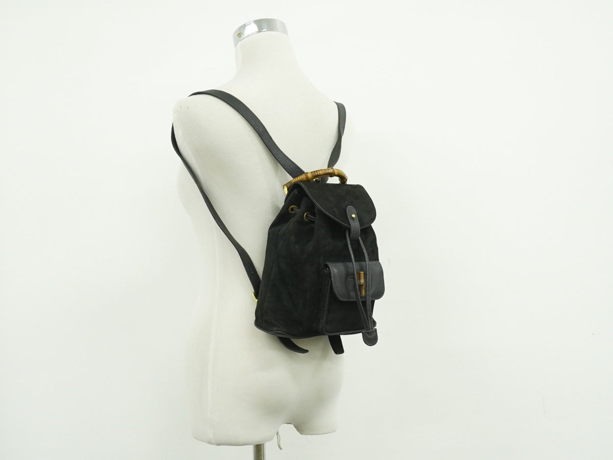 Gucci Vintage Bamboo Suede Black Suede Backpack Bag (Pre-Owned)