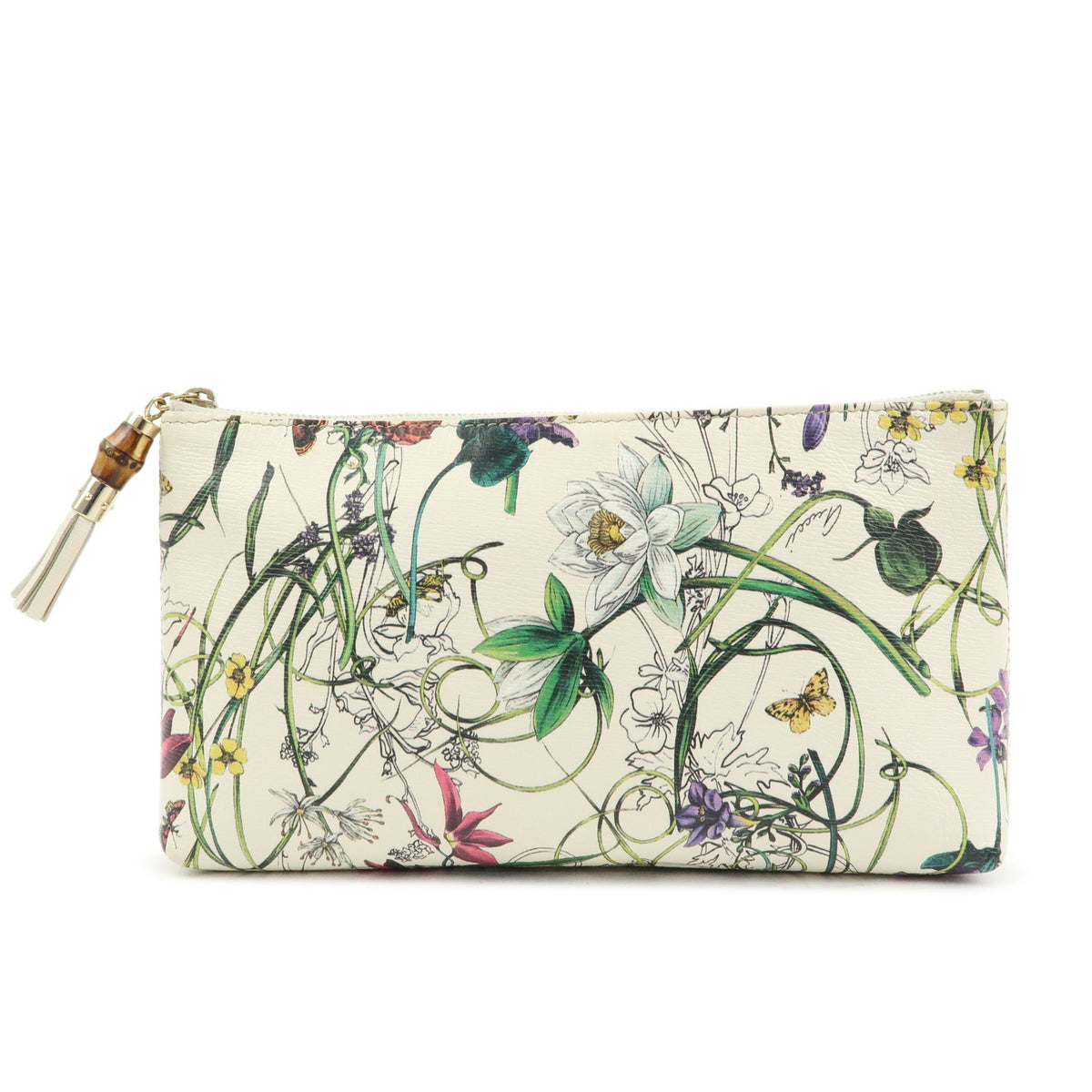 Gucci Bamboo Zip Pouch Flora Leather Beige Leather Clutche & Pouche Bag (Pre-Owned)