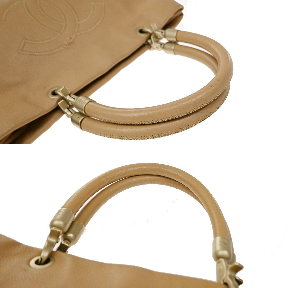 Chanel Vintage Handle Cc Caviar Beige Leather Tote Bag Bag (Pre-Owned)
